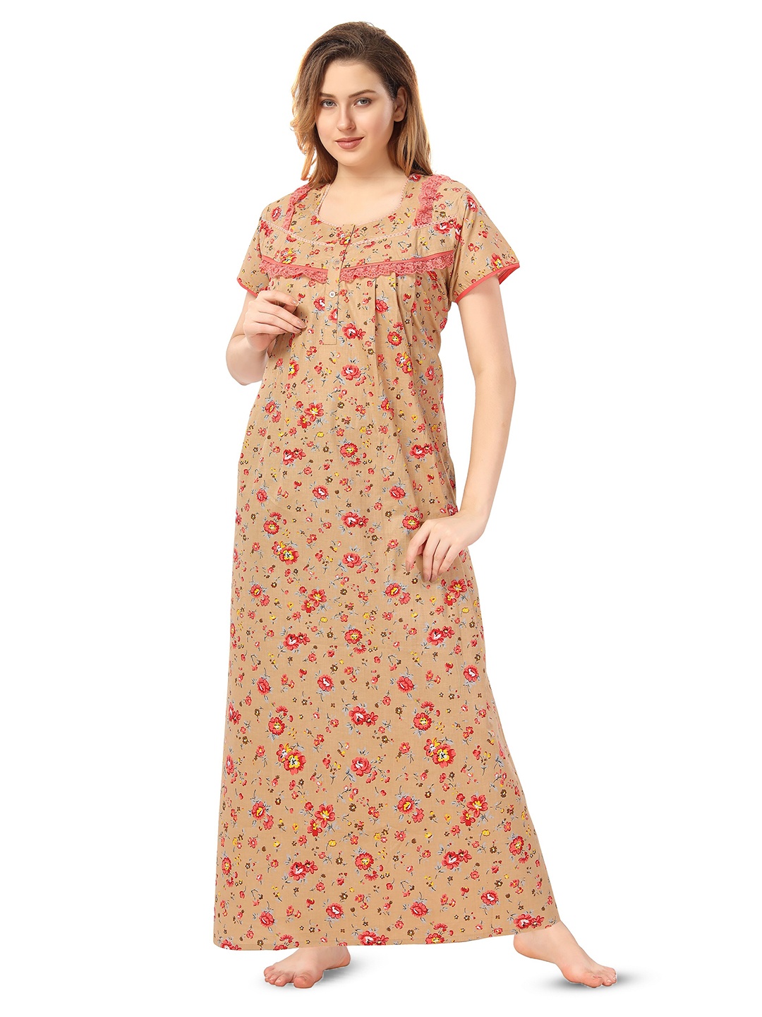 

Soulemo Floral Printed Pure Cotton Maxi Nightdress, Beige