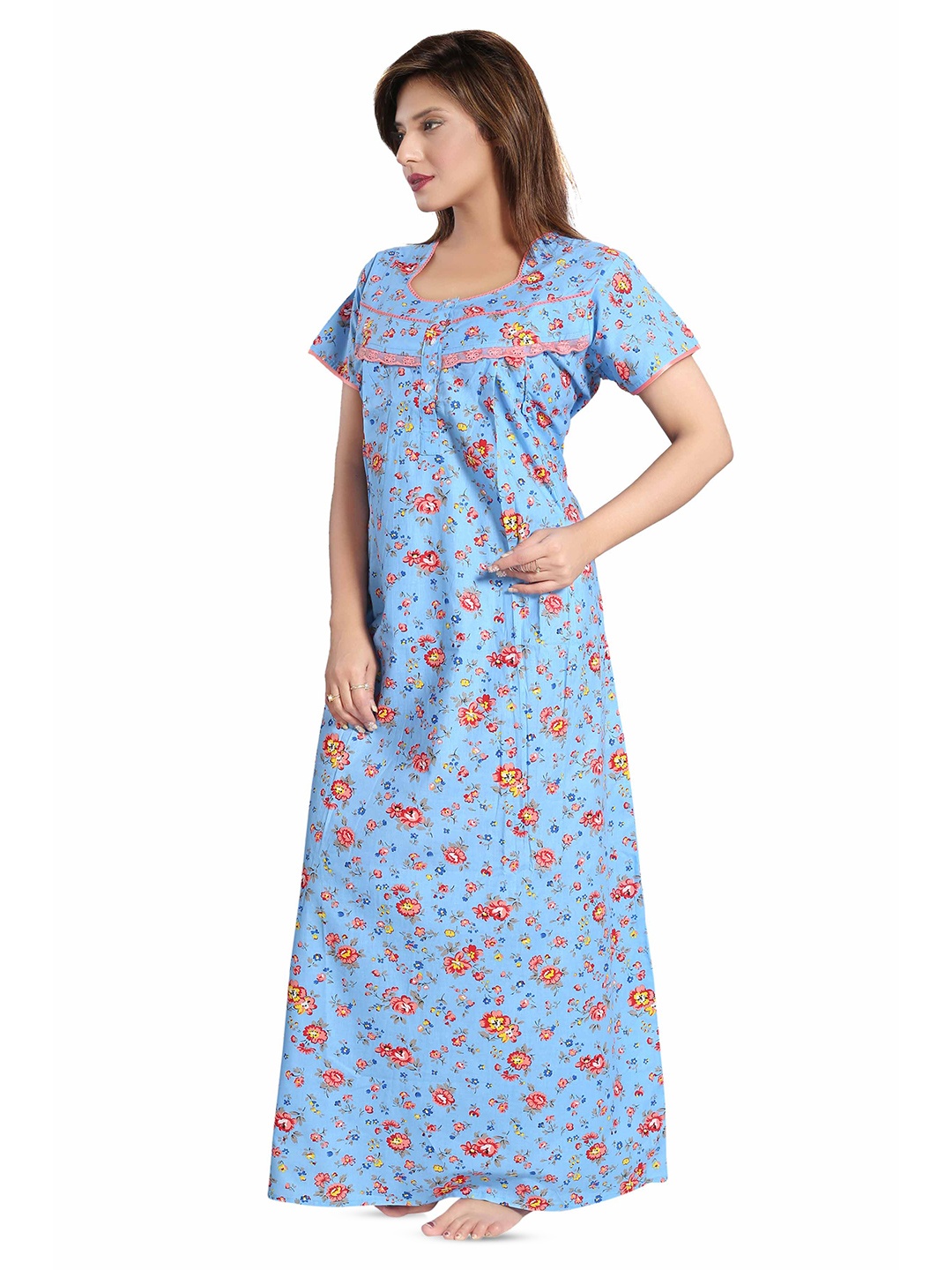 

Soulemo Floral Printed Pure Cotton Maxi Nightdress, Blue