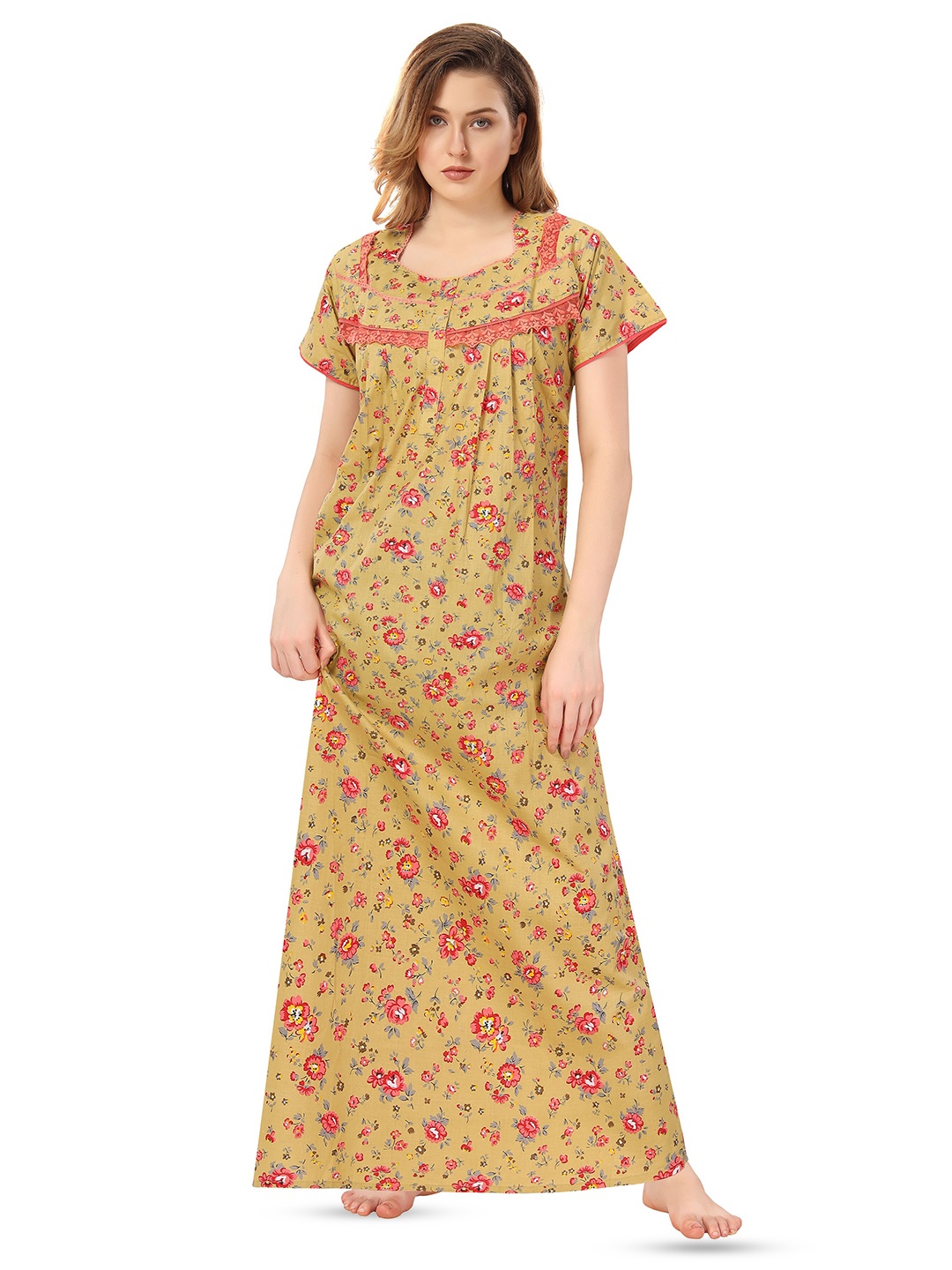 

Soulemo Floral Printed Pure Cotton Maxi Nightdress, Mustard