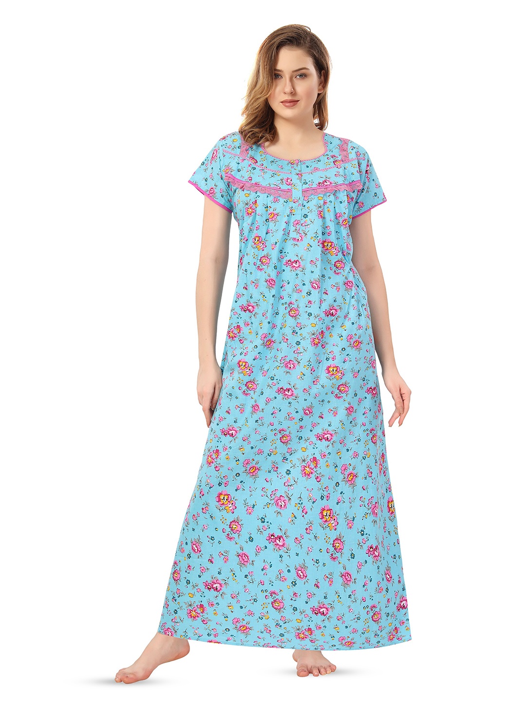 

Soulemo Floral Printed Pure Cotton Maxi Nightdress, Turquoise blue