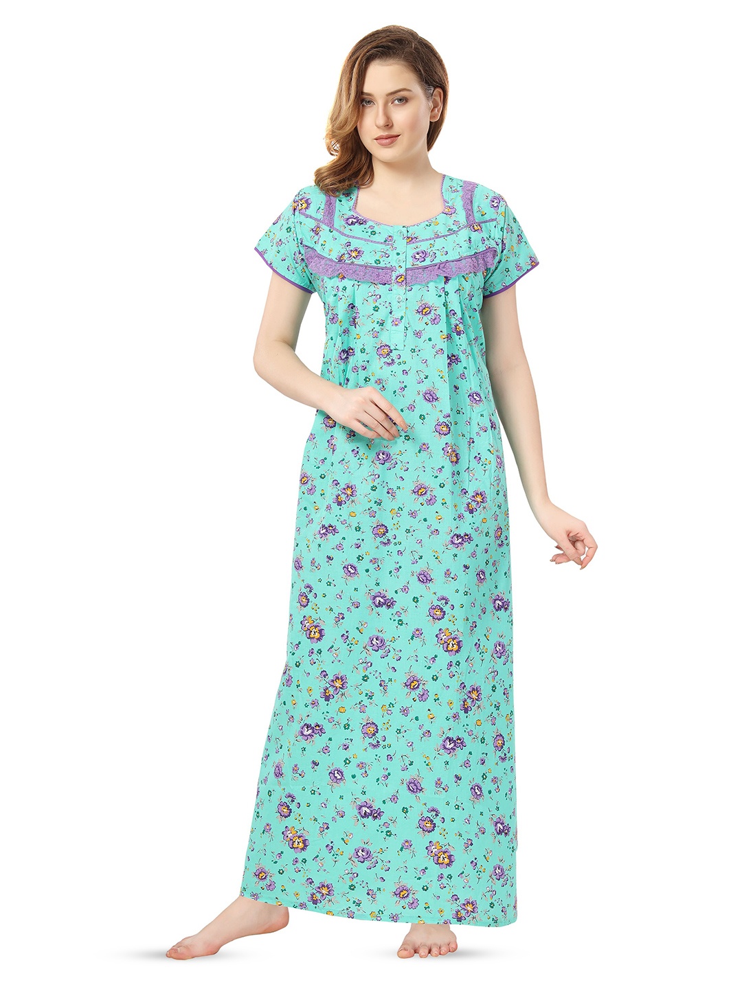 

Soulemo Printed Pure Cotton Maxi Nightdress, Turquoise blue