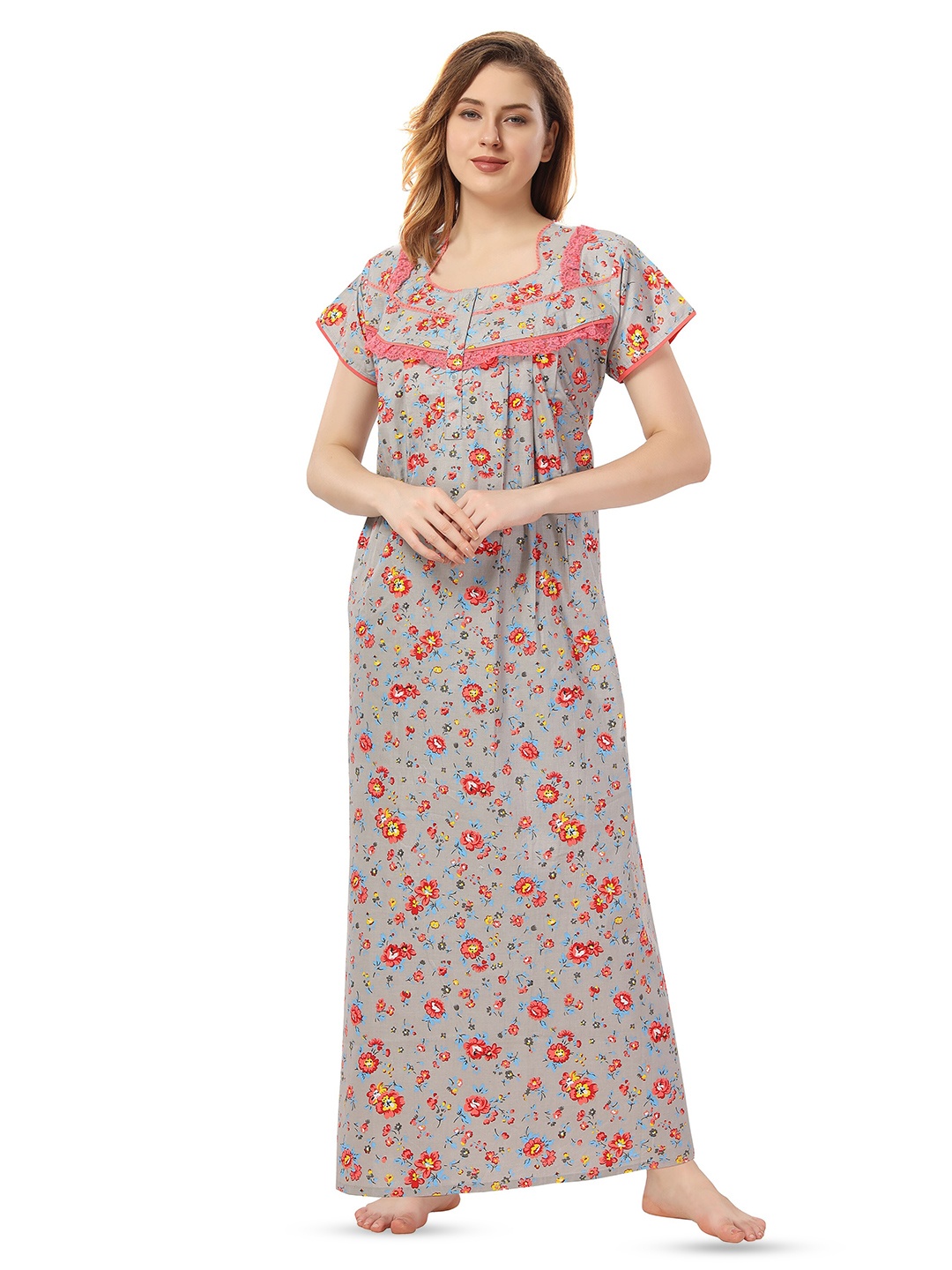

Soulemo Floral Printed Pure Cotton Maxi Nightdress, Grey melange