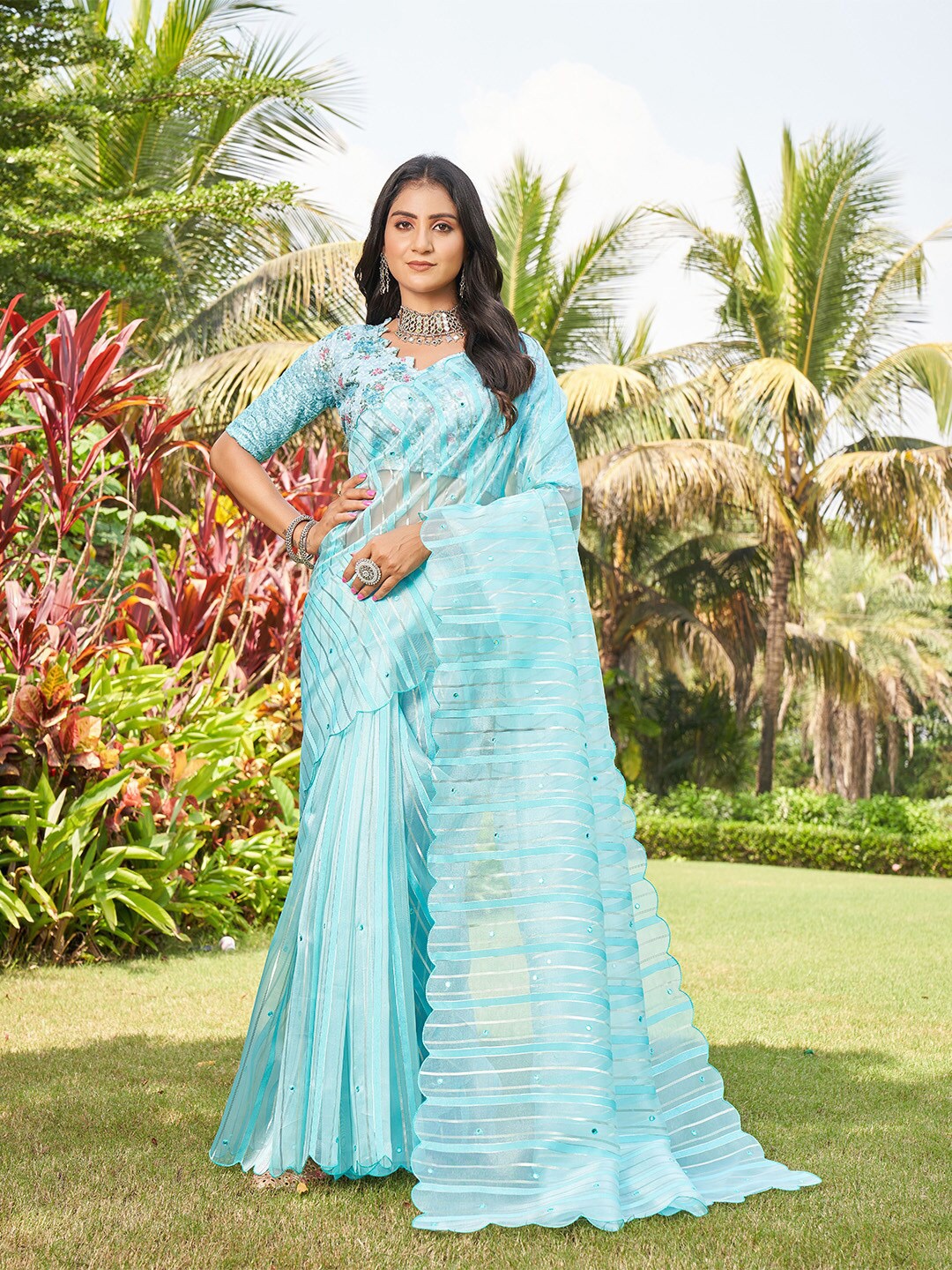 

Ishin Striped Embroidered Organza Saree, Blue