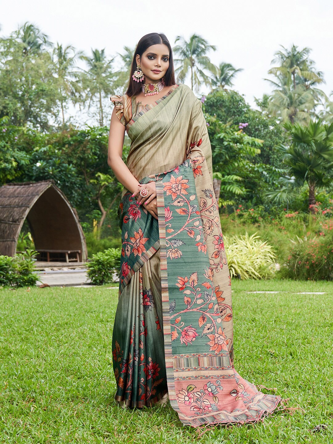 

Ishin Green Kalamkari Printed Sambalpuri Saree