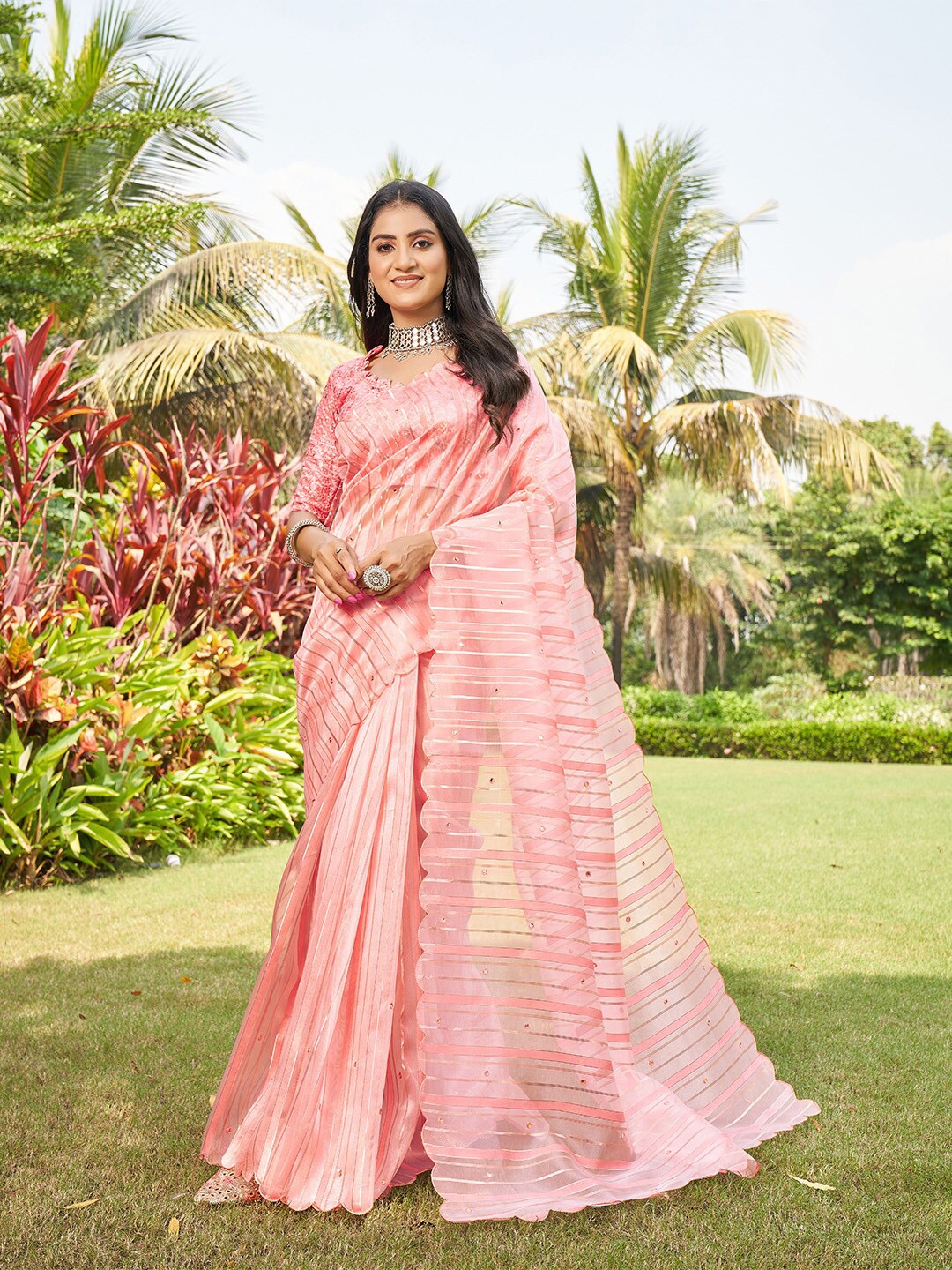 

Ishin Striped Sequinned Tissue Organza Saree, Peach
