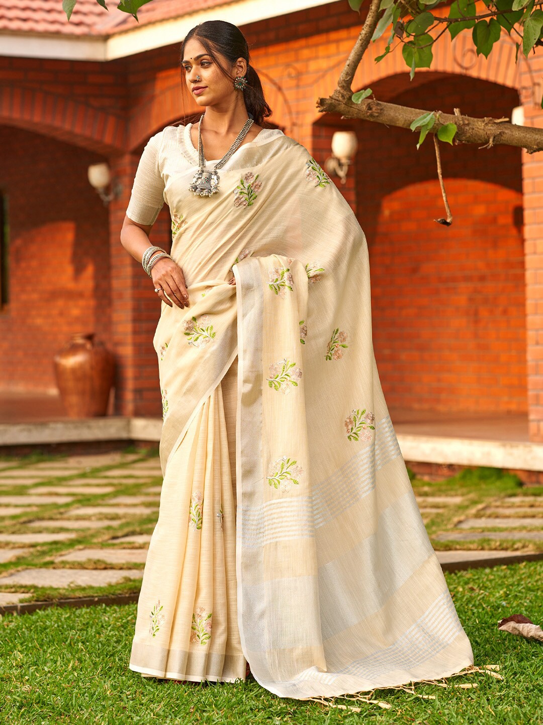 

Ishin Beige Floral Embroidered Zari Saree