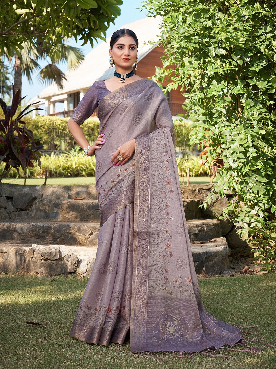 

Ishin Purple Floral Printed Zari Kanjeevaram Saree