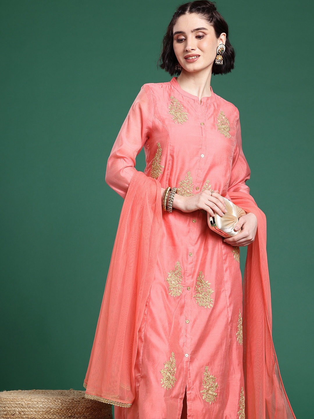 

Sangria Ethnic Motifs Embroidered Sequinned Chanderi Kurta With Trousers & Dupatta, Coral