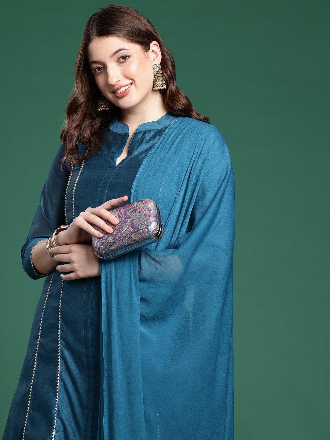 

Sangria Striped Gotta Patti Chanderi Kurta With Trousers & Dupatta, Blue