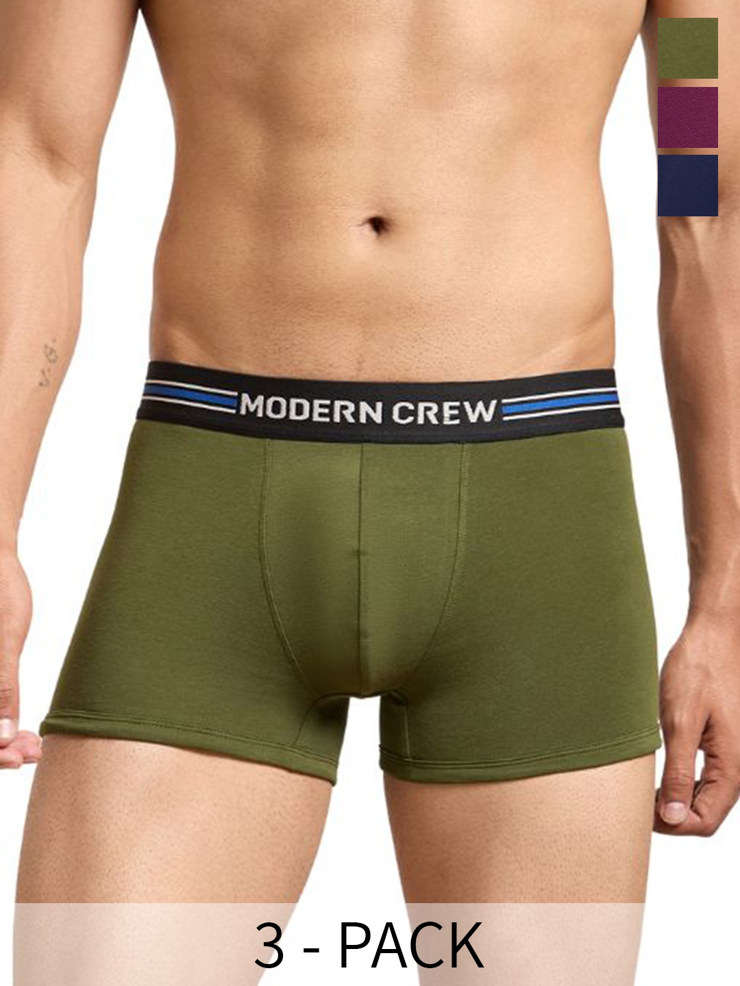 

MODERN CREW Men Pack of 3 CoolSense Cotton Trunks, Olive