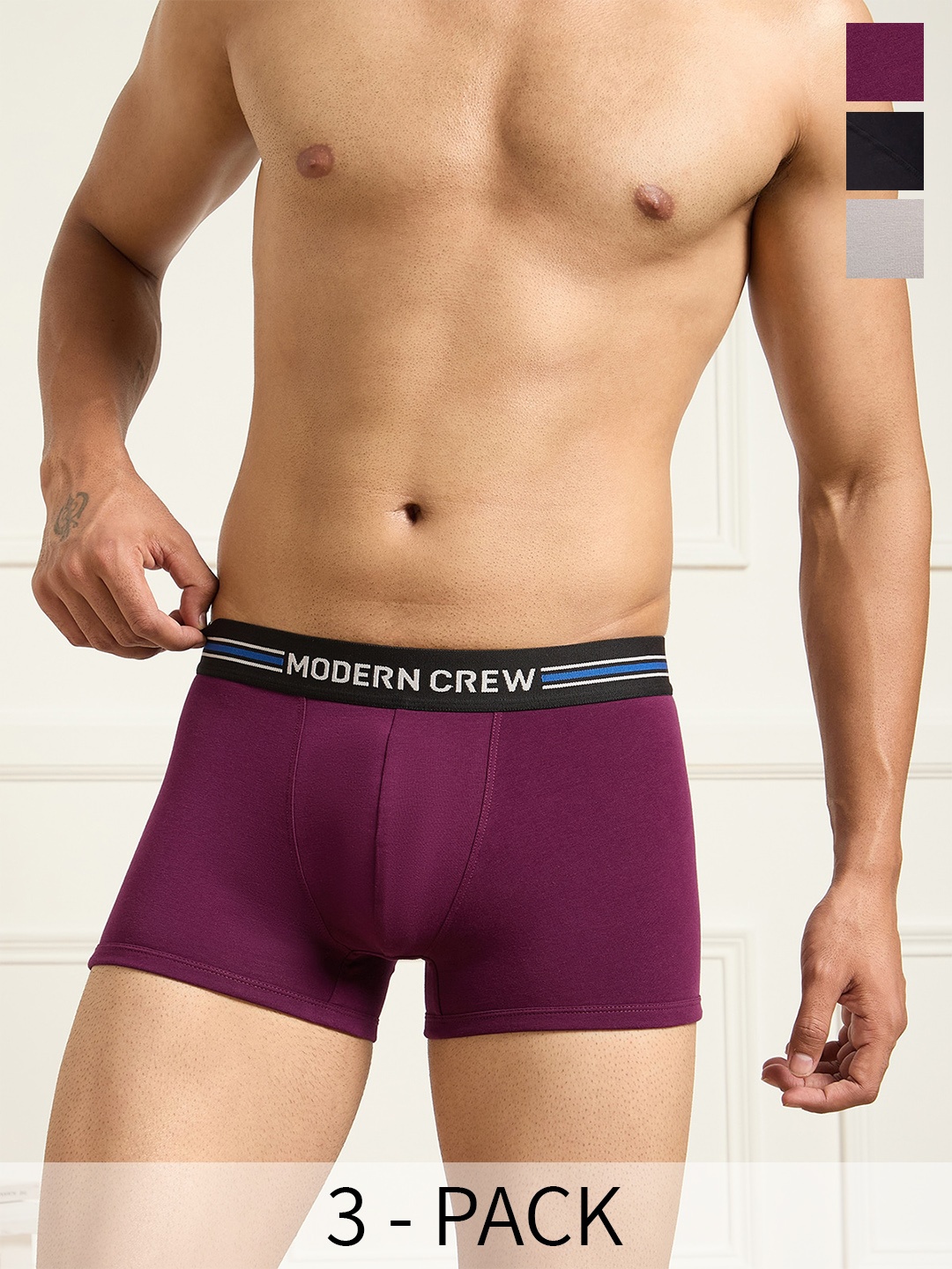 

MODERN CREW Men Pack of 3 CoolSense Cotton Trunks, Burgundy