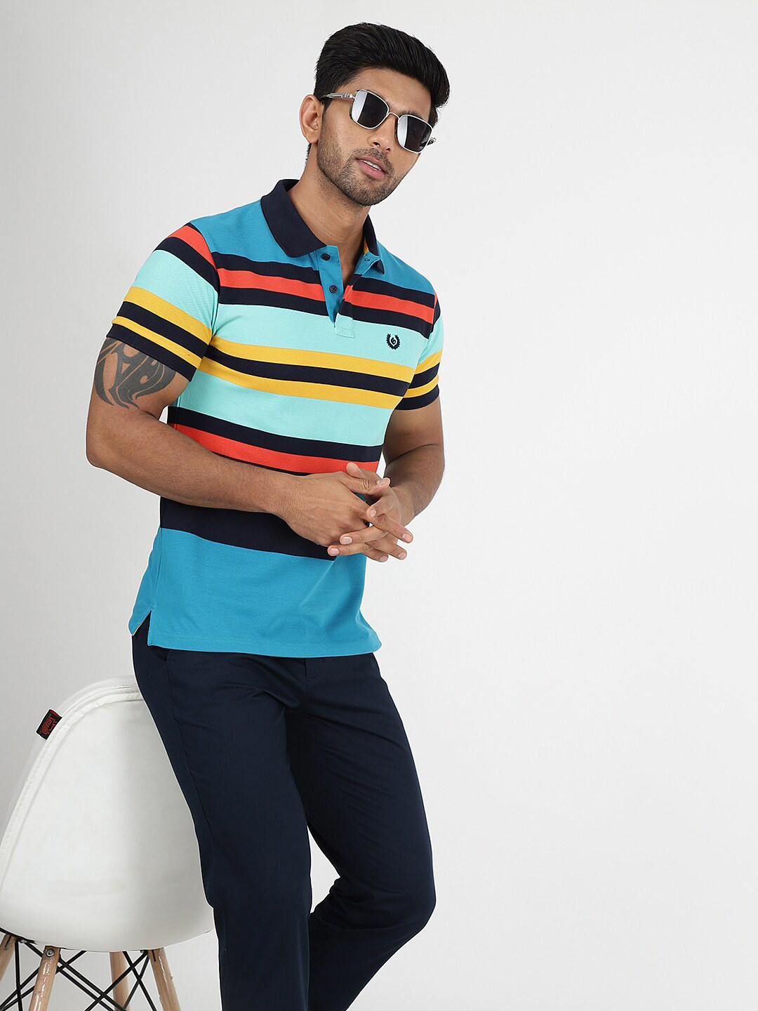 

Greenfibre Striped Polo Collar Cotton Slim Fit T-shirt, Blue