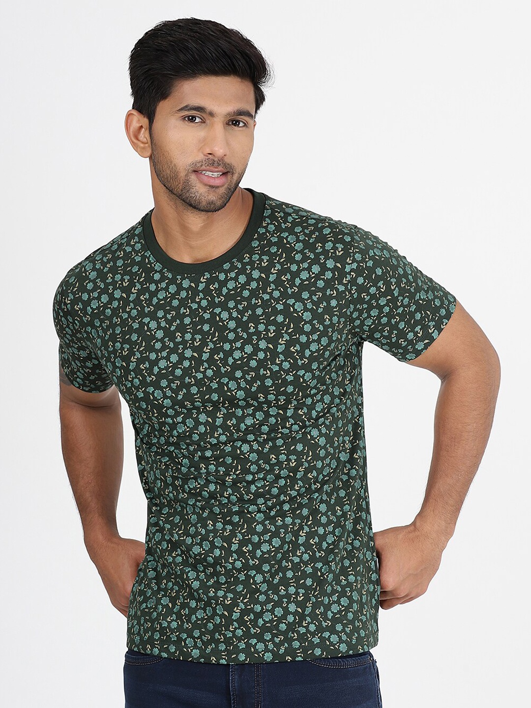 

Greenfibre Floral Printed Cotton Slim Fit Casual T-shirt, Green