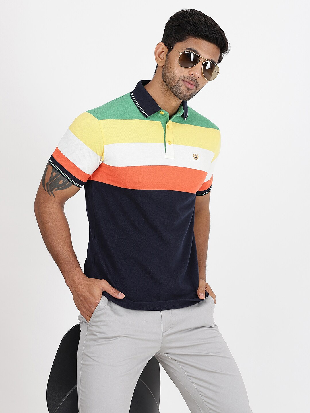 

JADE BLUE Colourblocked Polo Collar Short Sleeves Pure Cotton Slim Fit T-shirt, Green