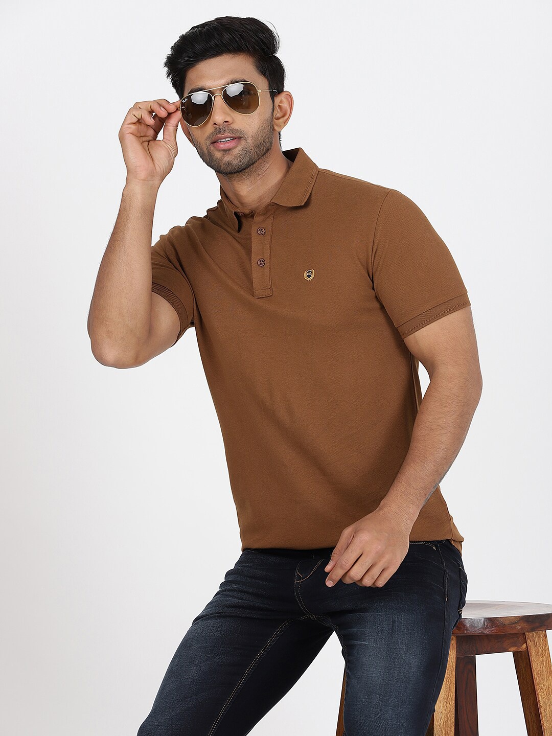 

JADE BLUE Polo Collar Short Sleeves Pure Cotton Slim Fit T-shirt, Brown