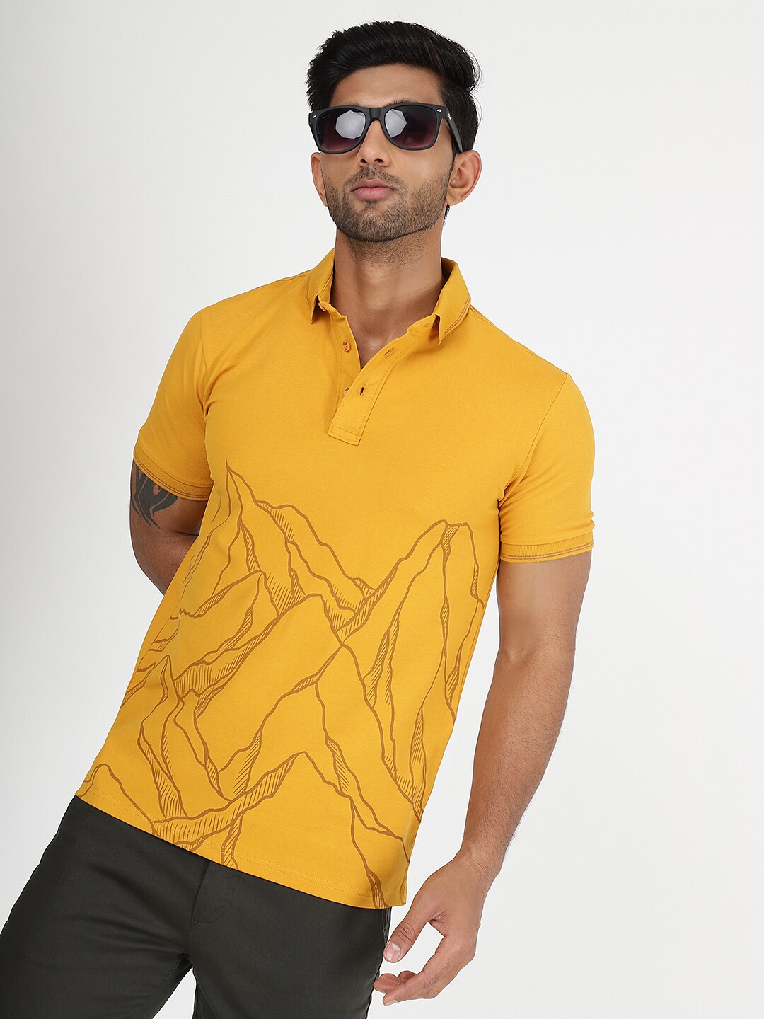 

JADE BLUE Abstract Printed Polo Collar Pure Cotton Slim Fit T-shirt, Mustard