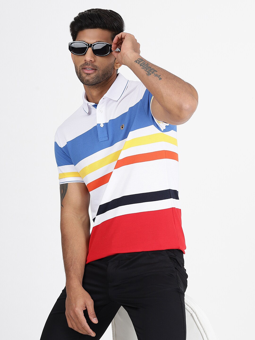 

JADE BLUE Striped Polo Collar Short Sleeves Pure Cotton Slim Fit T-shirt, Multi