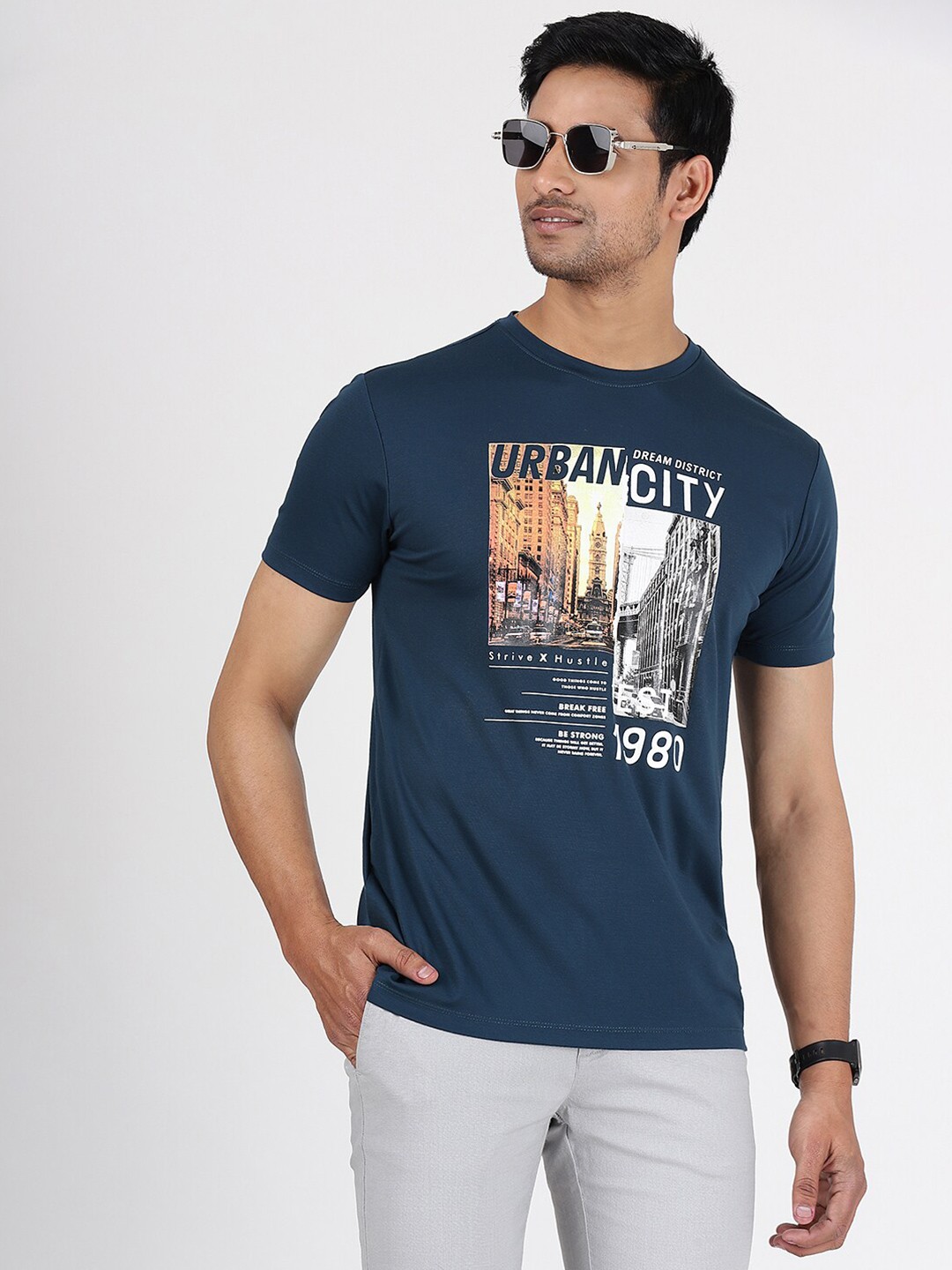 

JADE BLUE Typography Printed Round Neck Short Sleeves Pure Cotton Slim Fit T-shirt, Navy blue