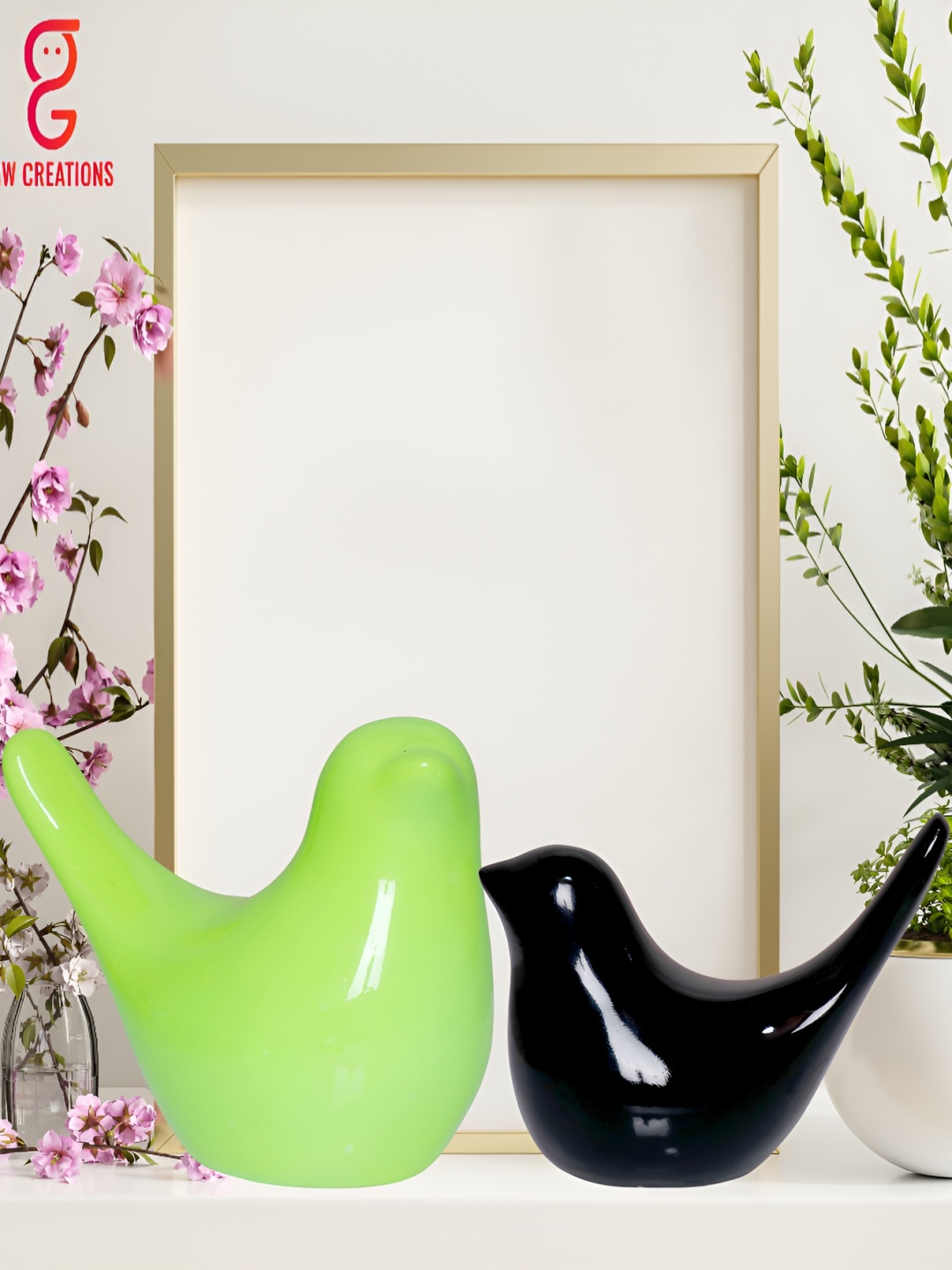 

GW CREATIONS Green & Black 2Pcs Birds And Animals Figurine Small Showpieces