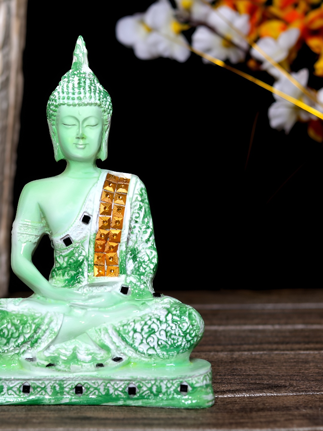 

GW CREATIONS Green and GoldToned Buddha Idol Showpiece