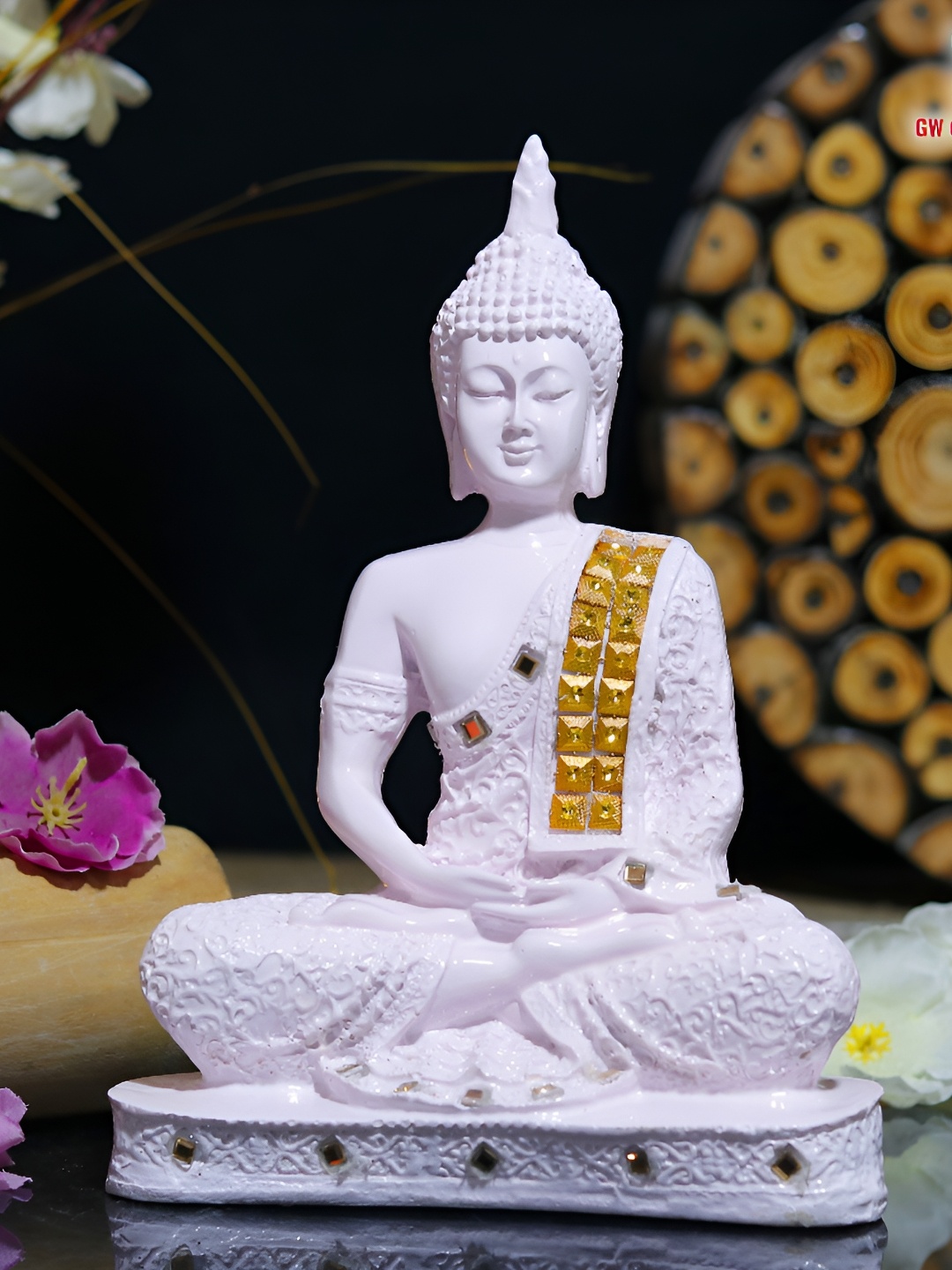 

GW CREATIONS Pink & Gold toned Buddha Figurine Showpiece, White