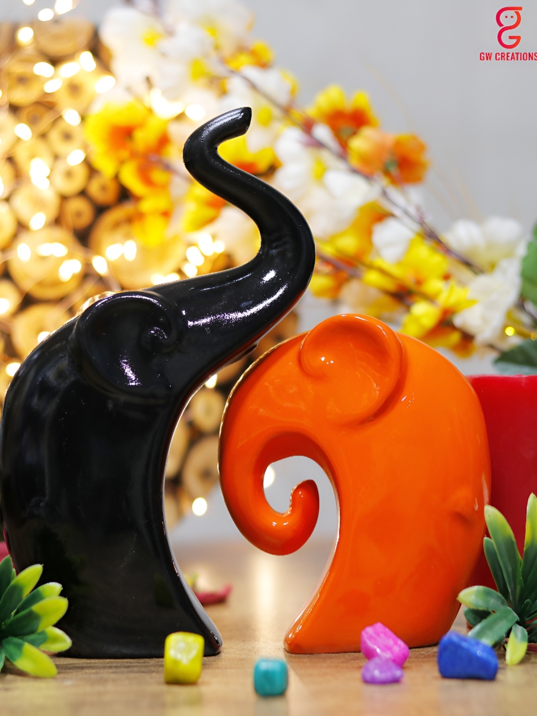 

GW CREATIONS Black & Orange 2 Pieces Elephant Figurine Showpieces