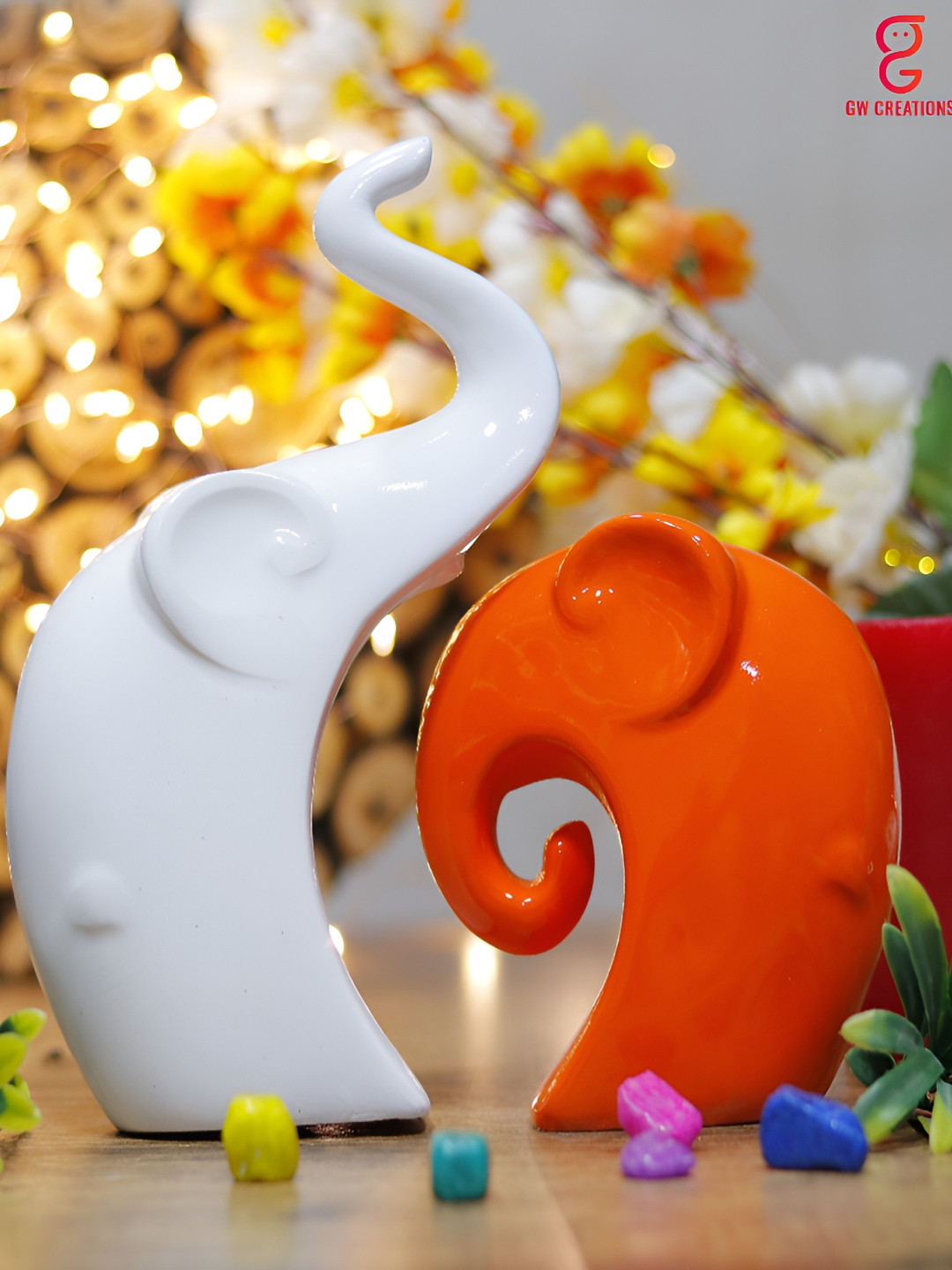 

GW CREATIONS White Orange 2 Pieces Elephant Showpieces