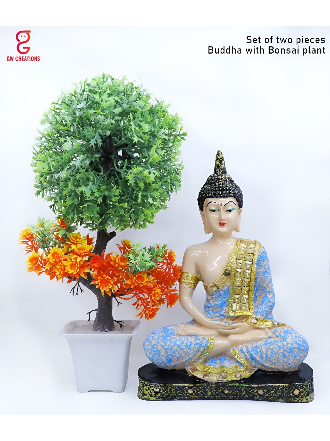 

GW CREATIONS Blue and Beige 2 Pieces Buddha Idol Showpiece