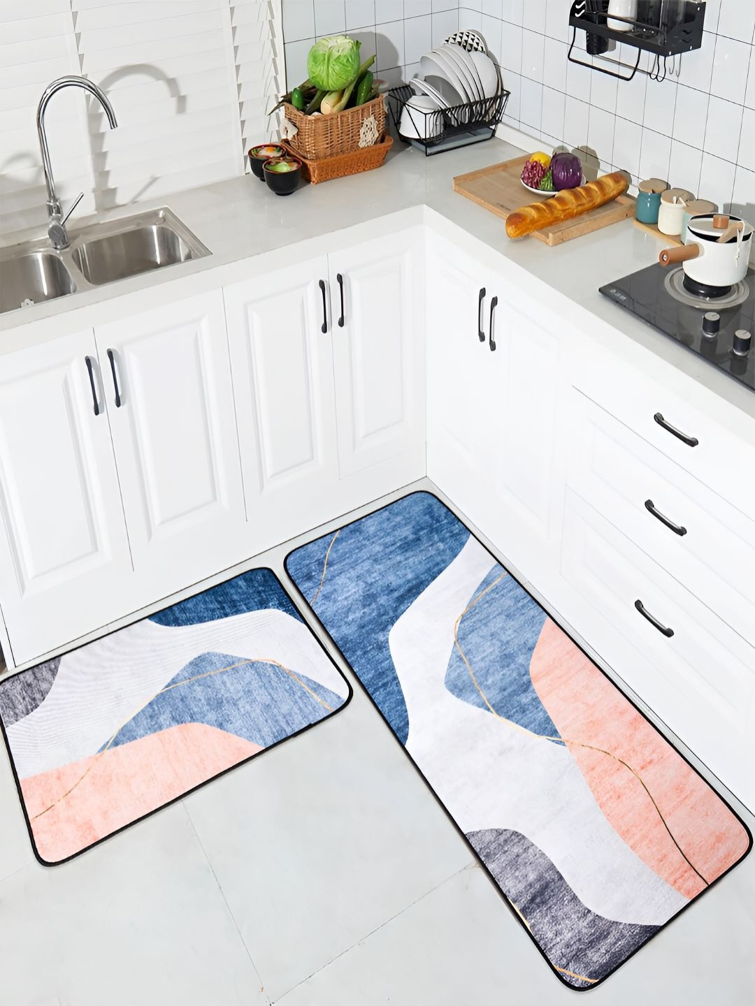 

Kuber Industries Blue & White 2 Pieces Abstract Soft & Absorbent Non-Woven Floor Mat