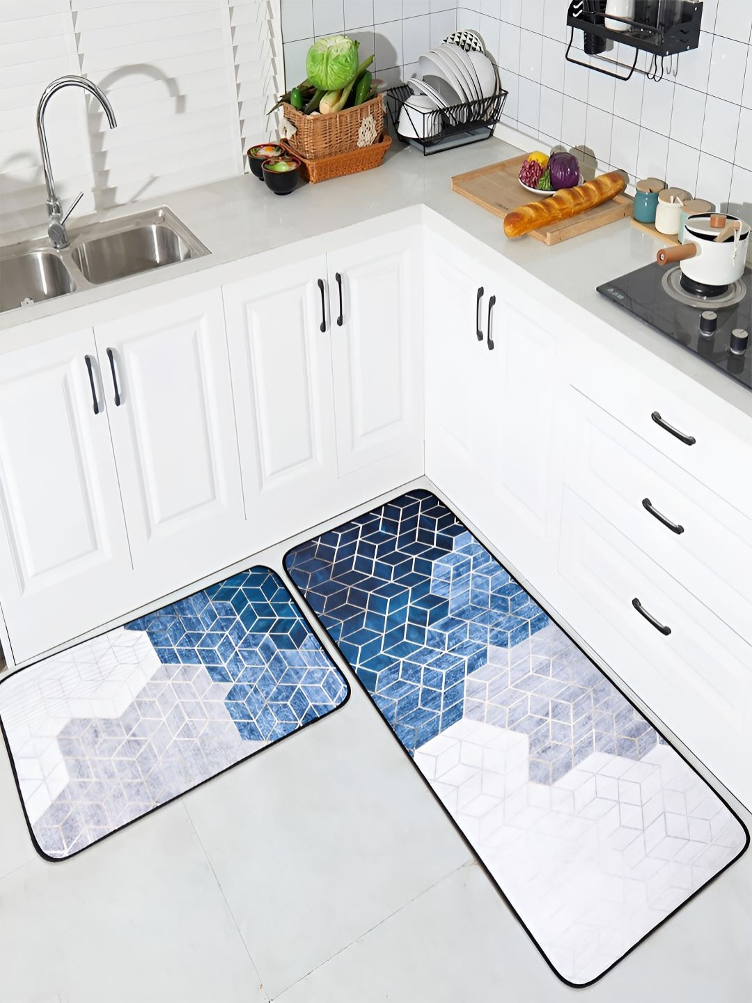 

Kuber Industries Blue & White 2 Pieces Soft & Absorbent Non-Woven Floor Mat