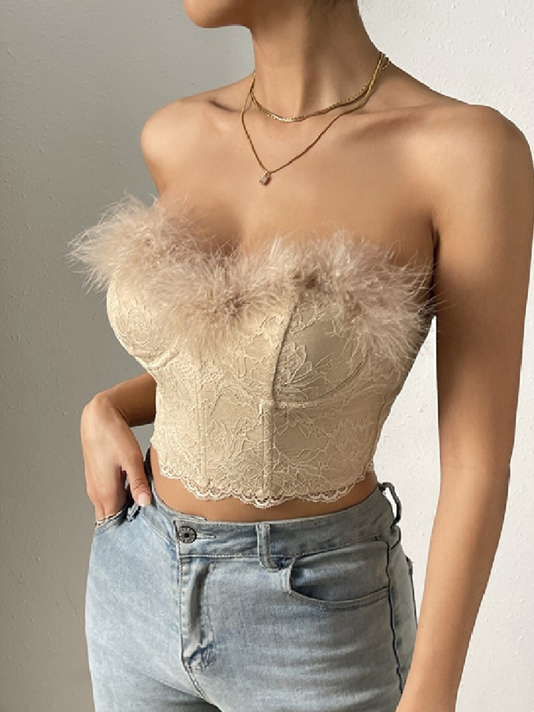 

StyleCast Khaki Off-Shoulder Georgette Corset Crop Top