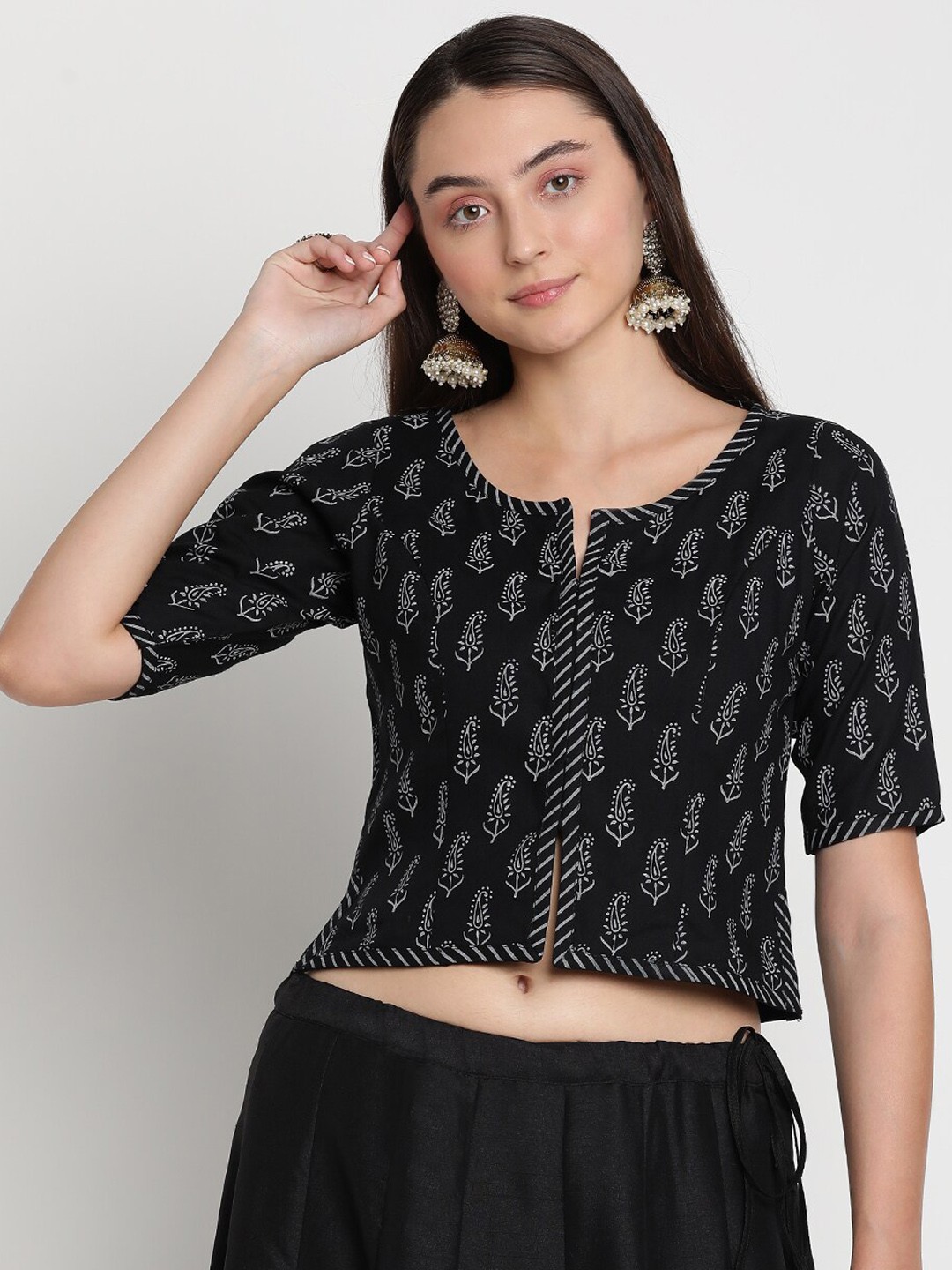 

studio rasa Block Printed Front Open Blouse, Black
