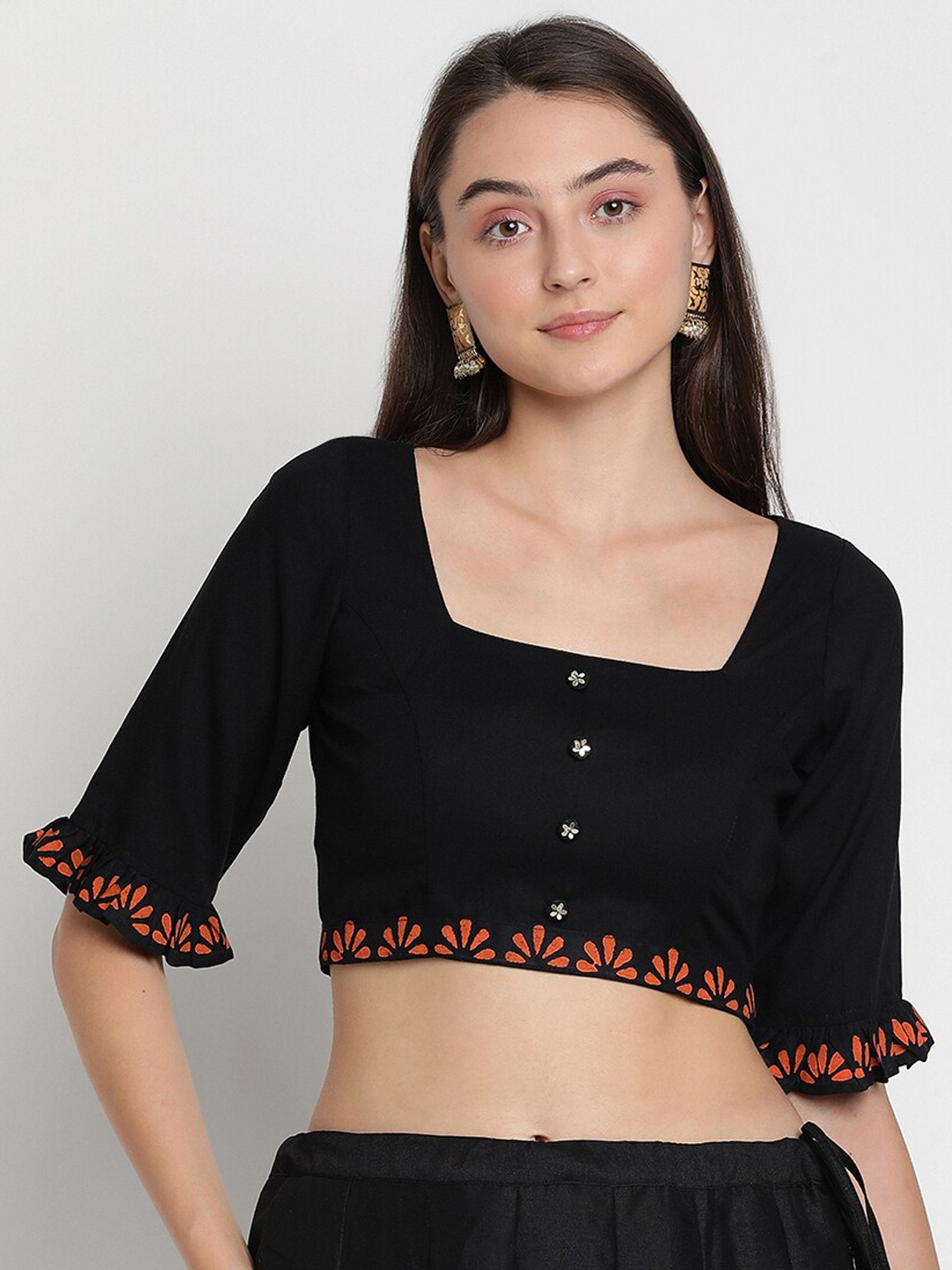 

studio rasa Block Printed Bordered Blouse, Black