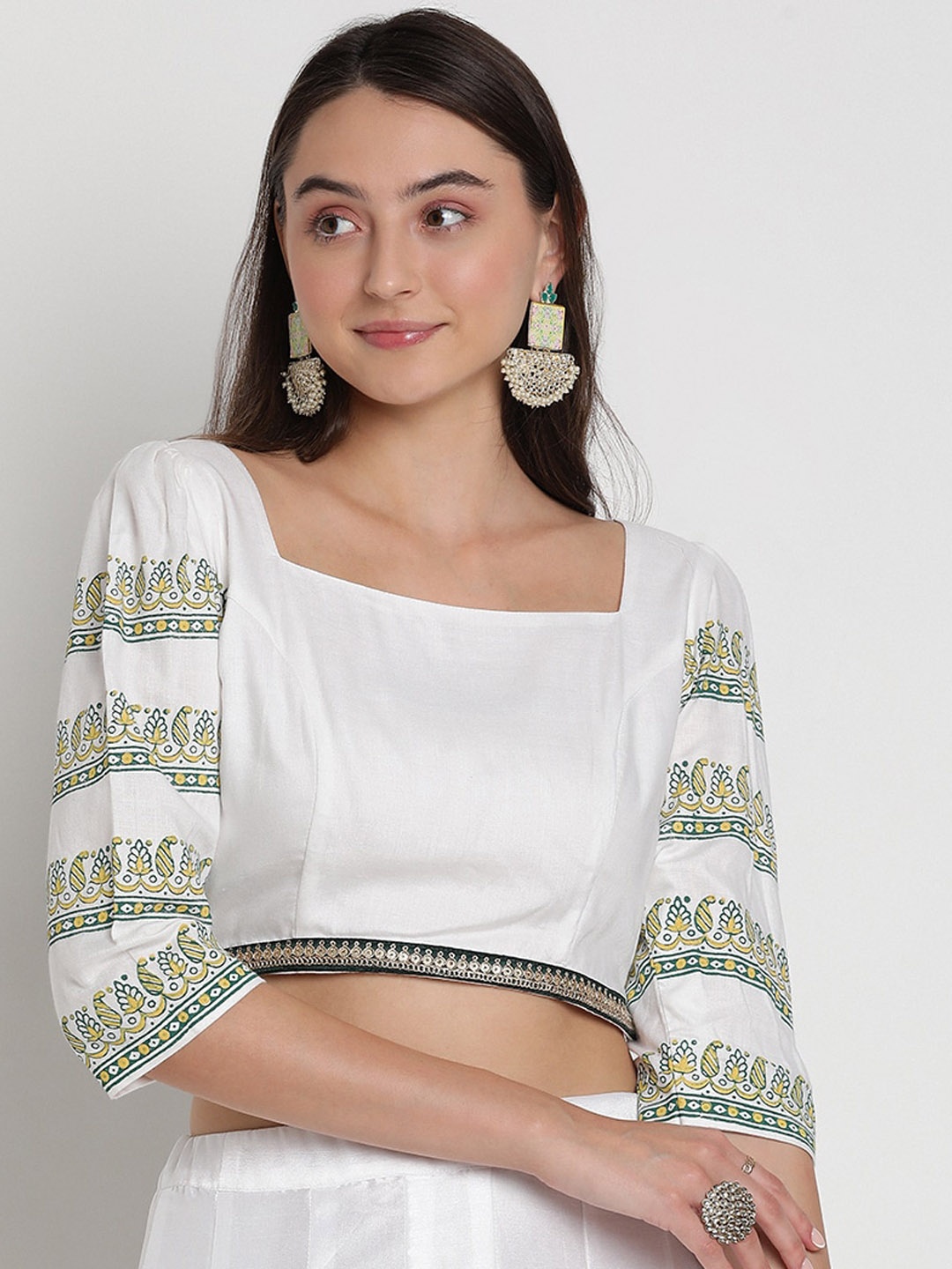 

studio rasa Block Printed Square Neck Embellished Blouse, White