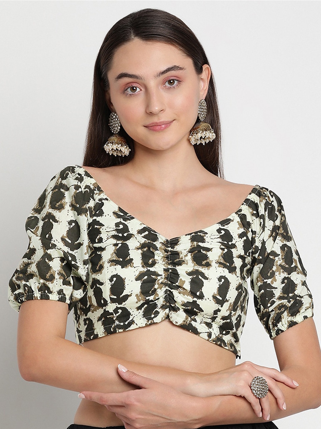 

studio rasa Printed Cotton Puff Sleeves Blouse, Brown
