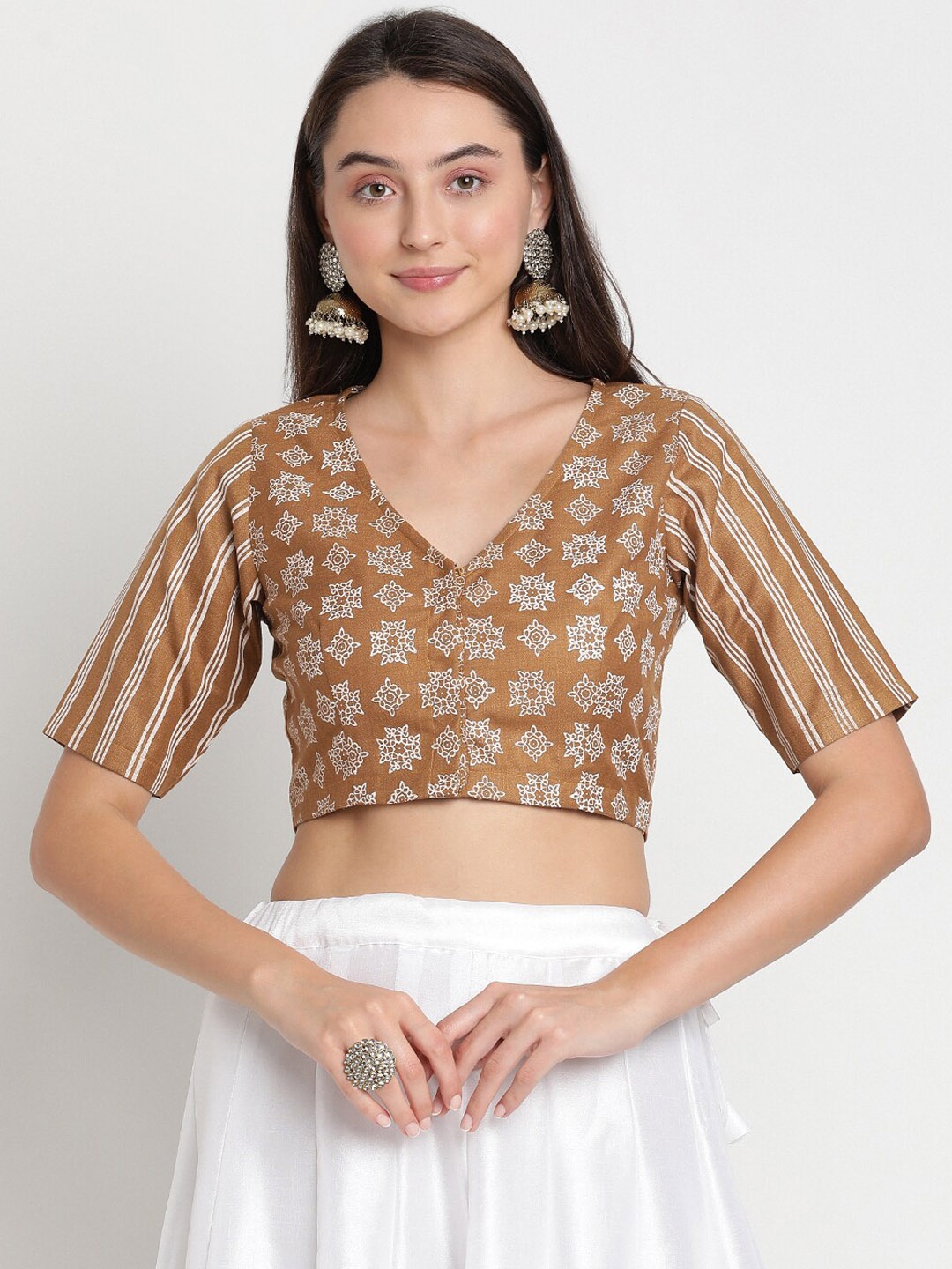 

studio rasa Block Printed Cotton V-neck Blouse, Mustard