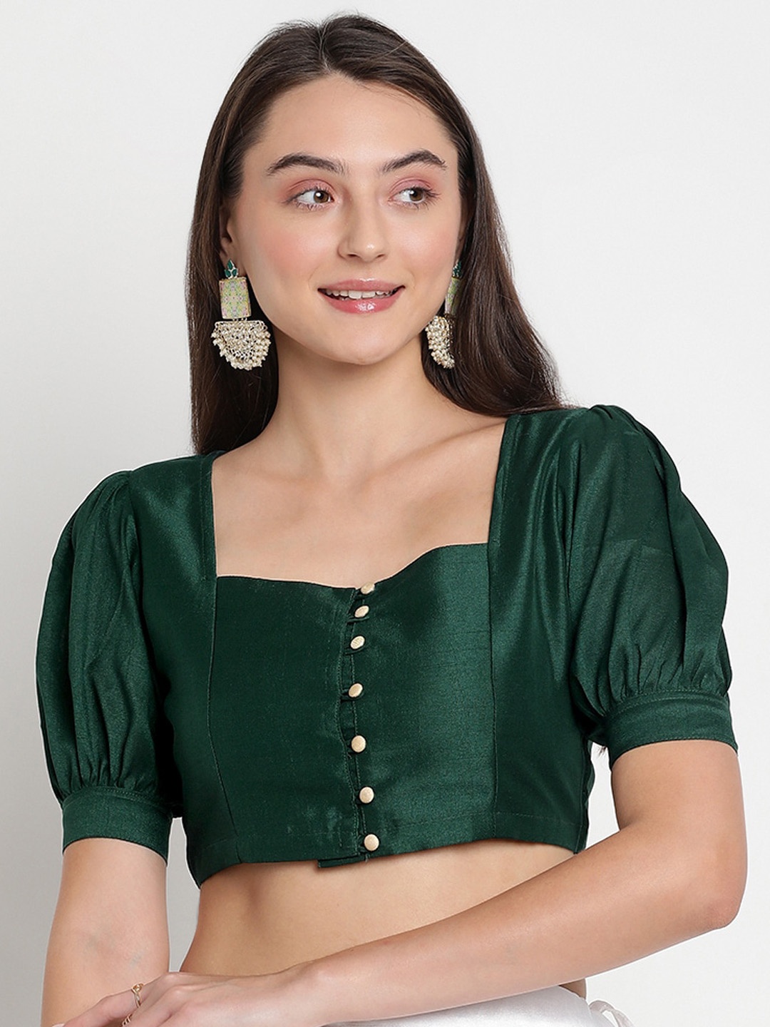 

studio rasa Button-Down Puff Sleeve Saree Blouse, Green