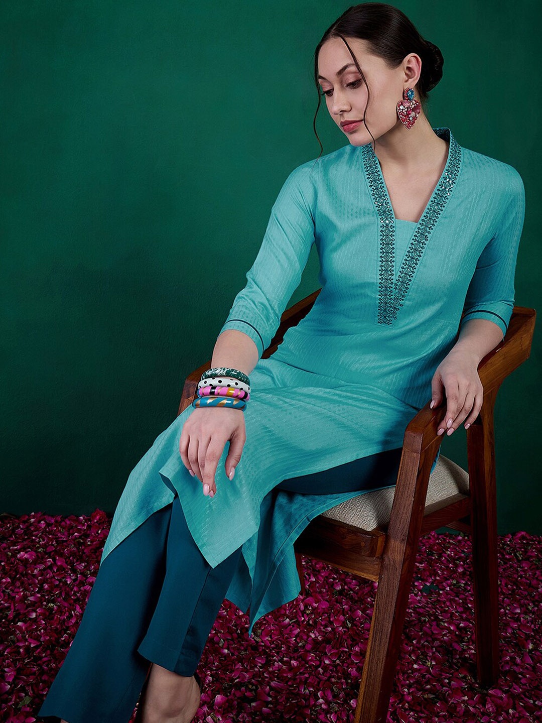 

Sangria Woven Design Embroidered Straight Kurta & Trousers, Blue