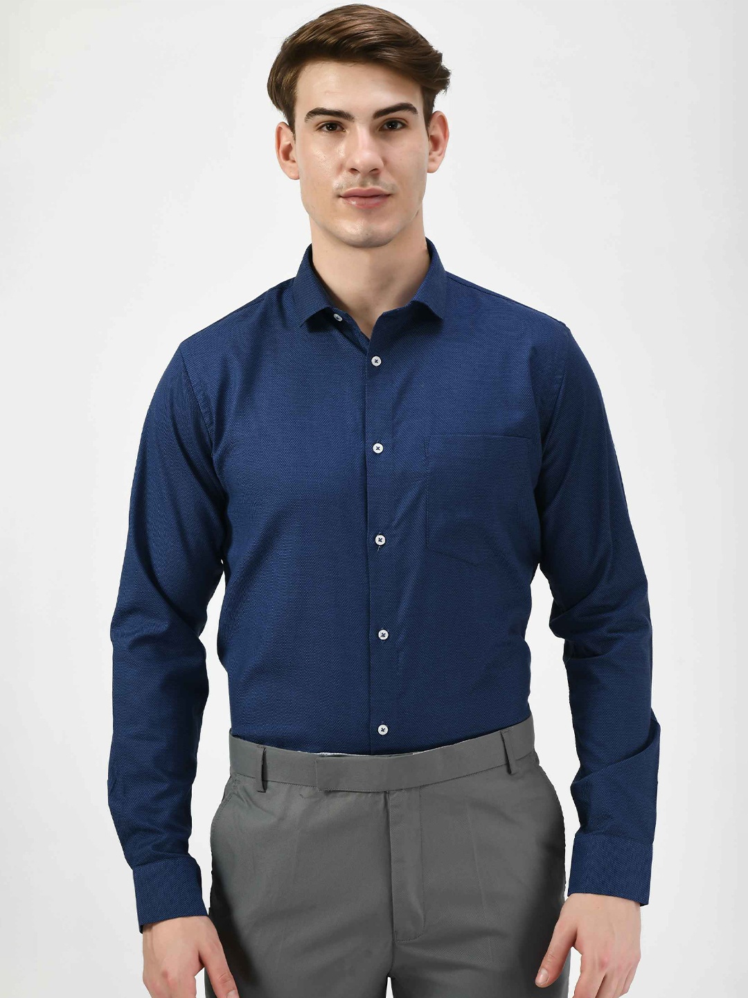 

SQUIREHOOD Smart Tailored Fit Spread Collar Cotton Casual Shirt, Navy blue