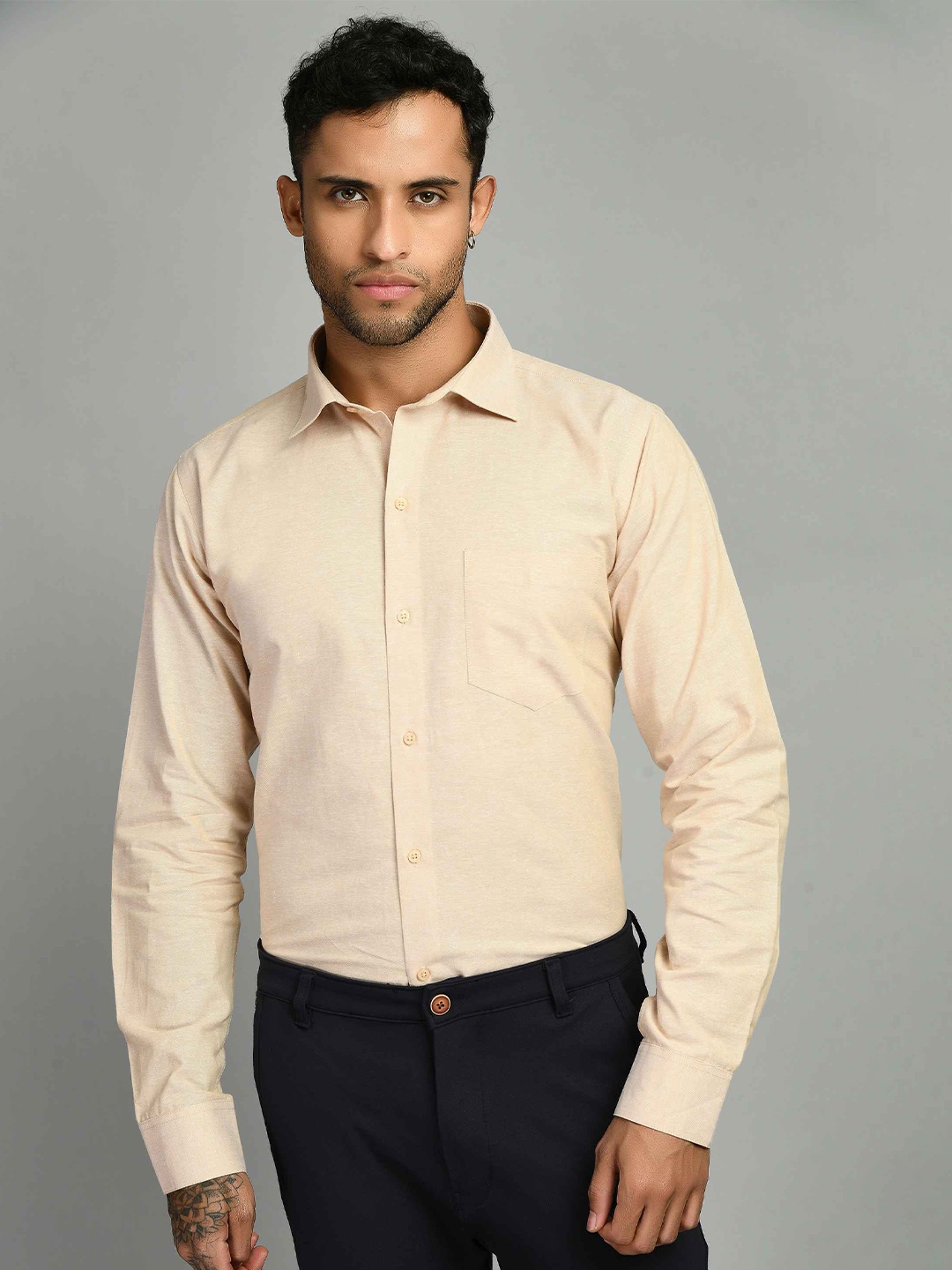 

SQUIREHOOD Smart Tailored Fit Spread Collar Cotton Casual Shirt, Beige