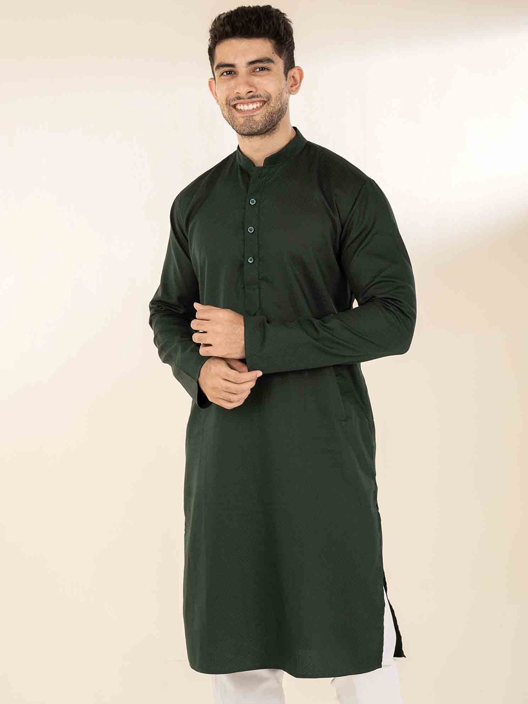 

The Bleu Label Men Woven Design Long Sleeves Mandarin Collar Cotton Kurta, Green