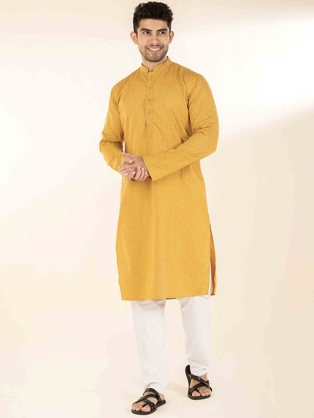 

The Bleu Label Men Yoke Design Keyhole Neck Extended Sleeves Thread Work Pathani Kurta, Mustard