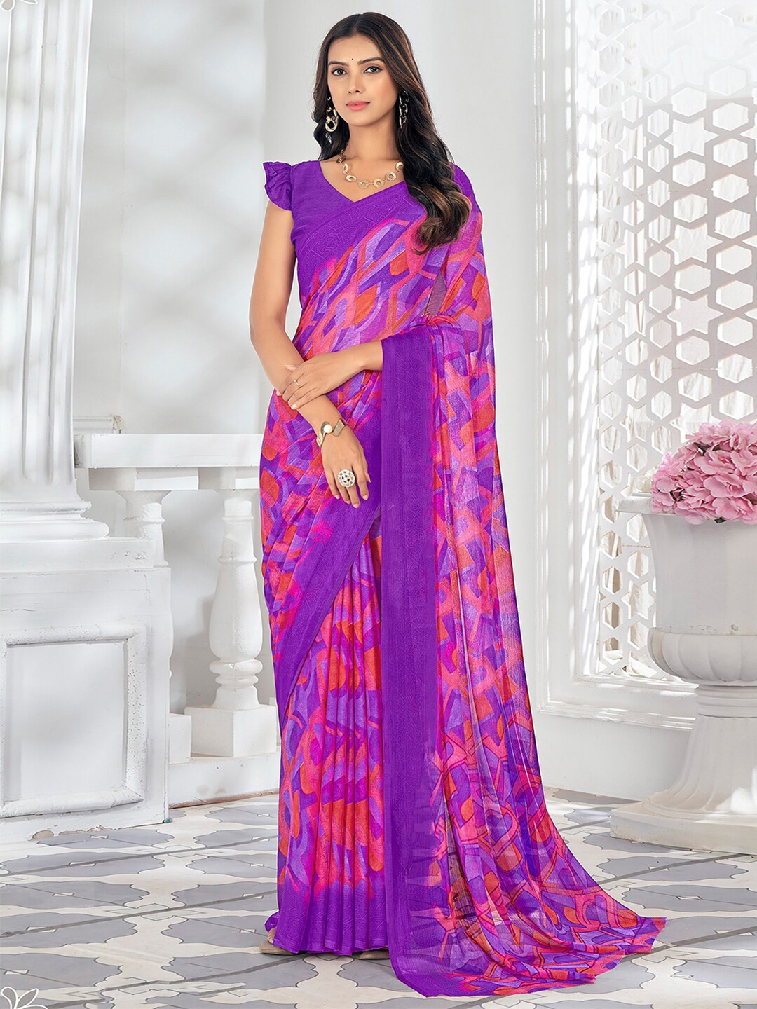 

KALINI Geometric Printed Pure Chiffon Ikat Saree, Violet