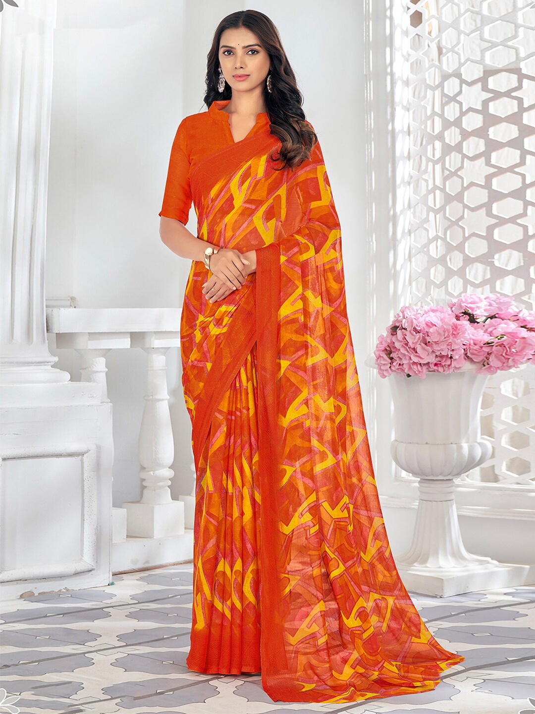

KALINI Abstract Printed Pure Chiffon Ikat Saree, Orange