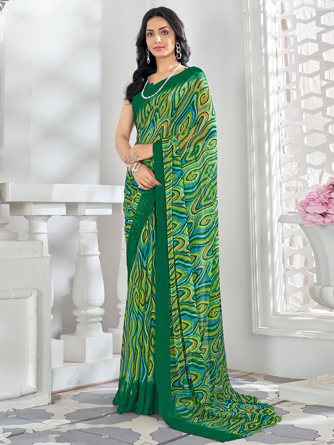 

KALINI Pure Chiffon Ikat Saree, Green