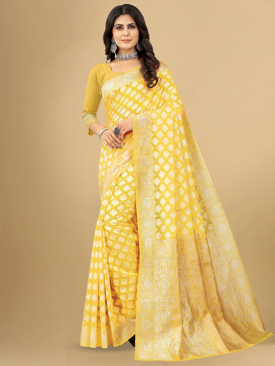 

KALINI Ethnic Motifs Woven Design Zari Banarasi Saree, Yellow