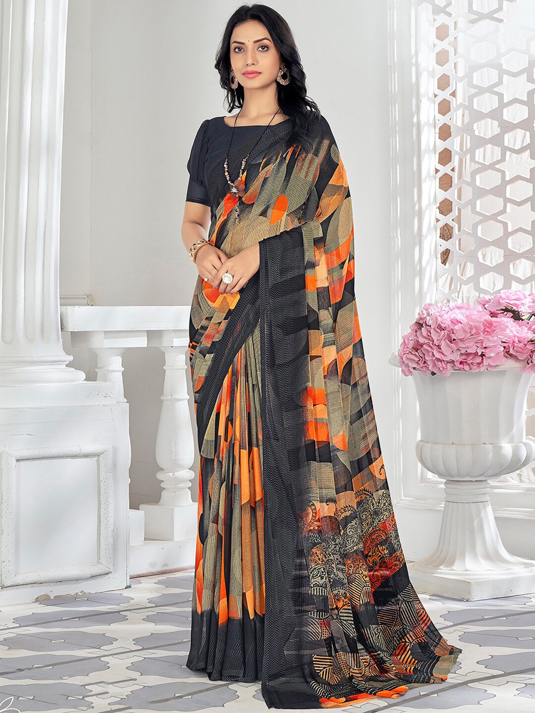 

KALINI Abstract Printed Pure Chiffon Ikat Saree, Black