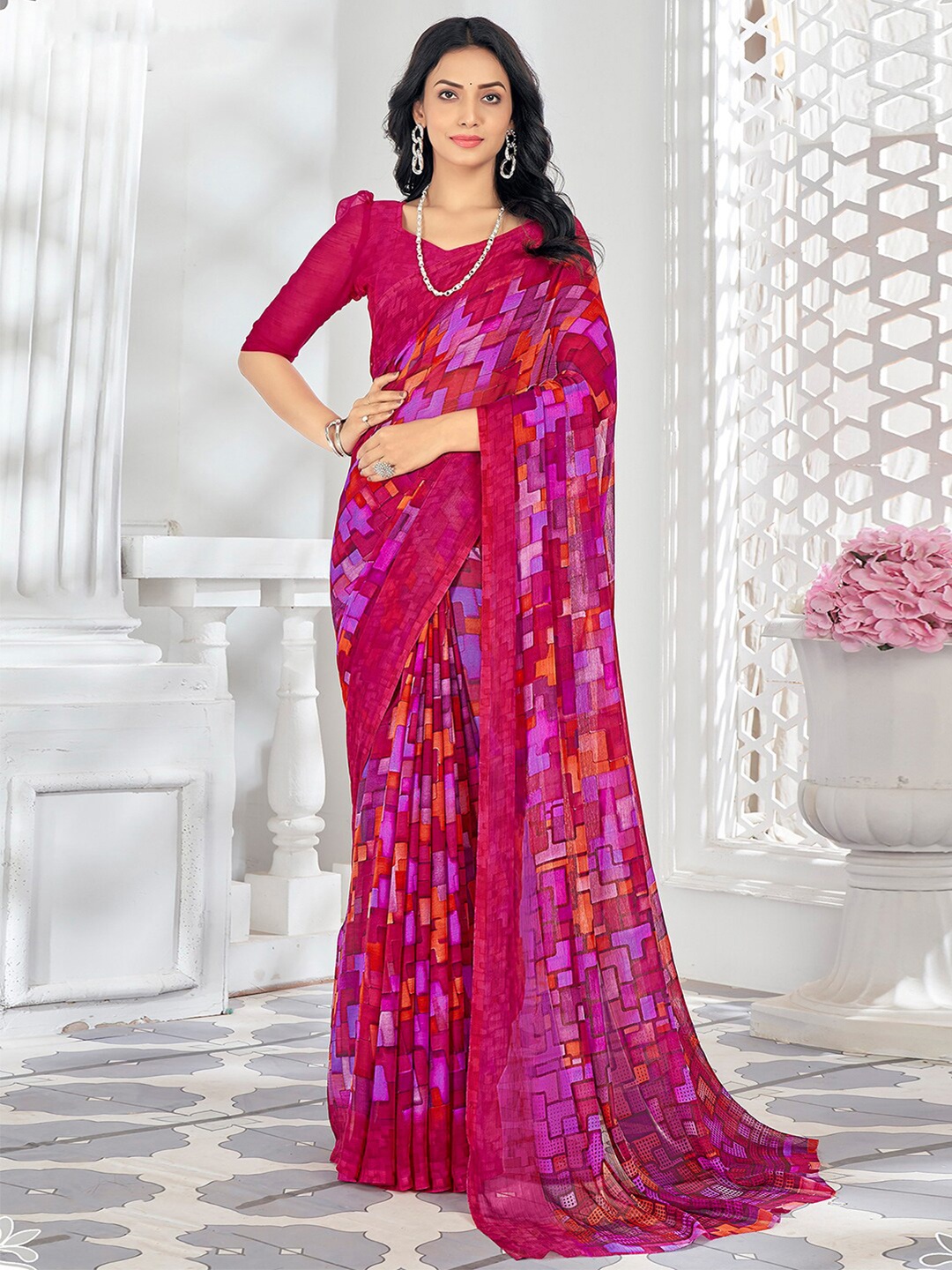

KALINI Pure Chiffon Ikat Saree, Magenta