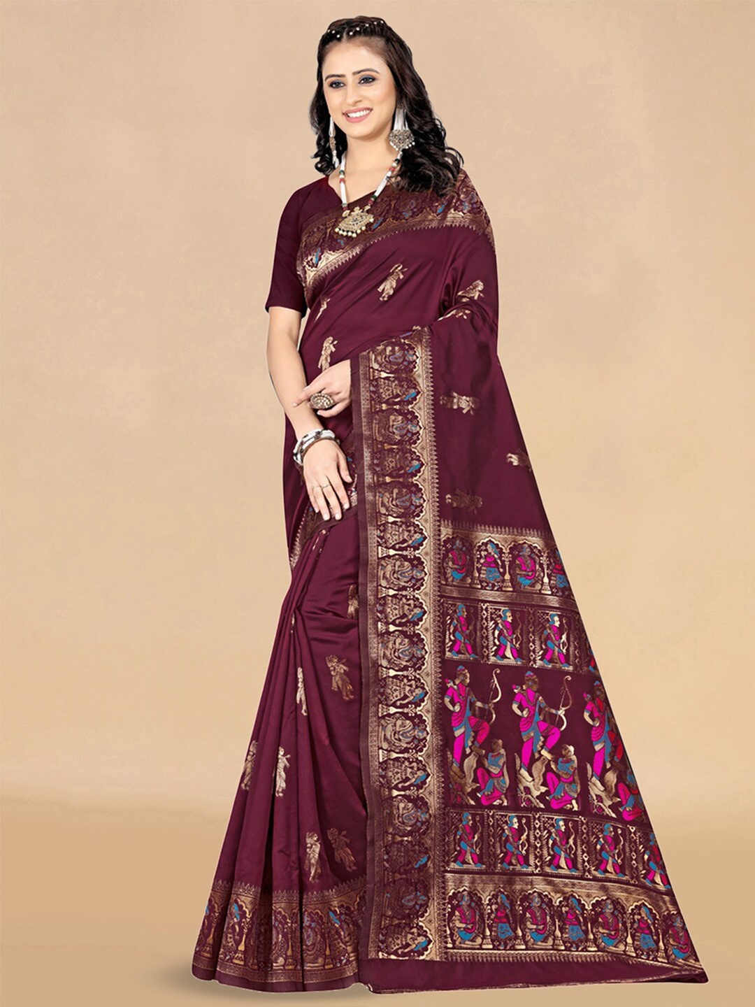 

KALINI Ethnic Motifs Woven Design Zari Banarasi Saree, Maroon