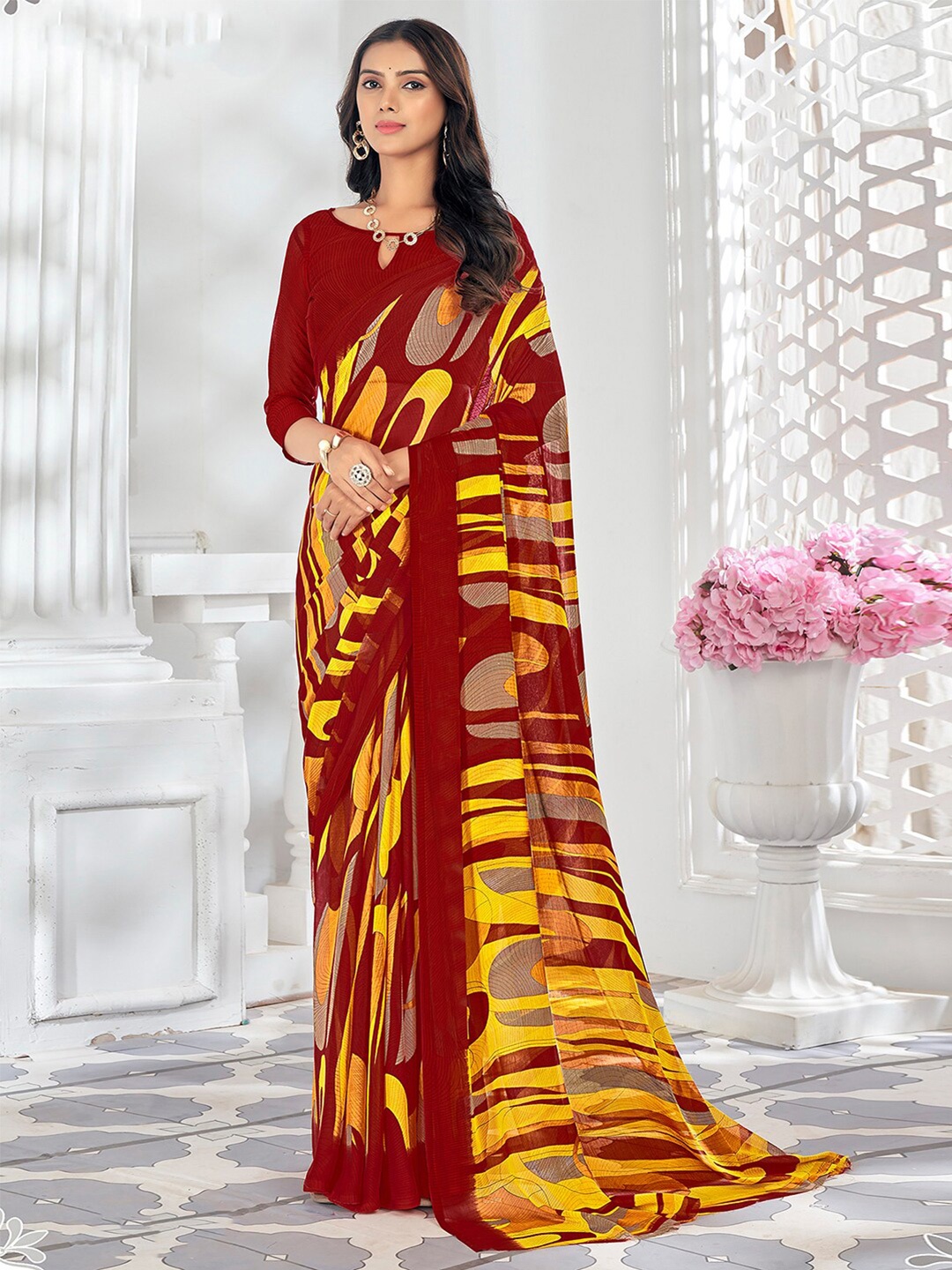 

KALINI Abstract Printed Pure Chiffon Saree, Red
